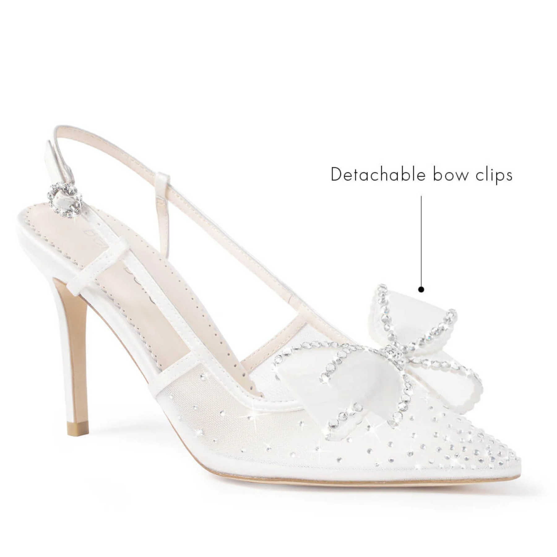 Chriselle - Crystal Bow Mesh Slingback Heels with Removable Bow - Ivory