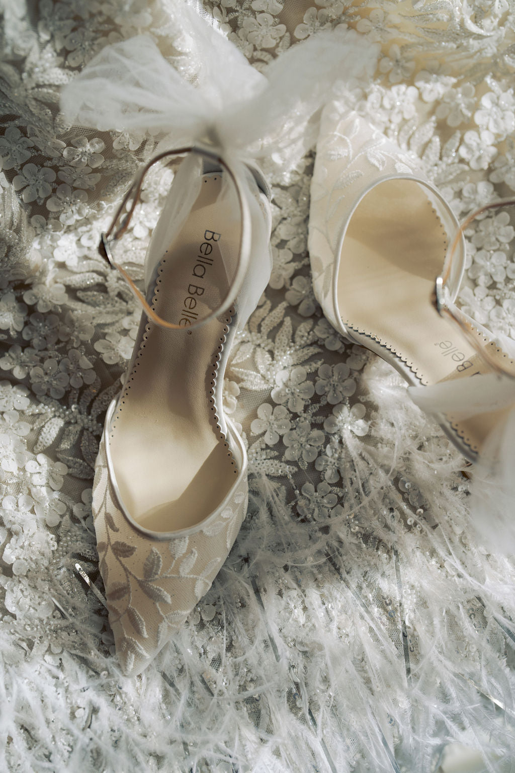 Joselyn - Vine Embroidered Ivory Lace Heels with Ankle Strap Tulle Bows