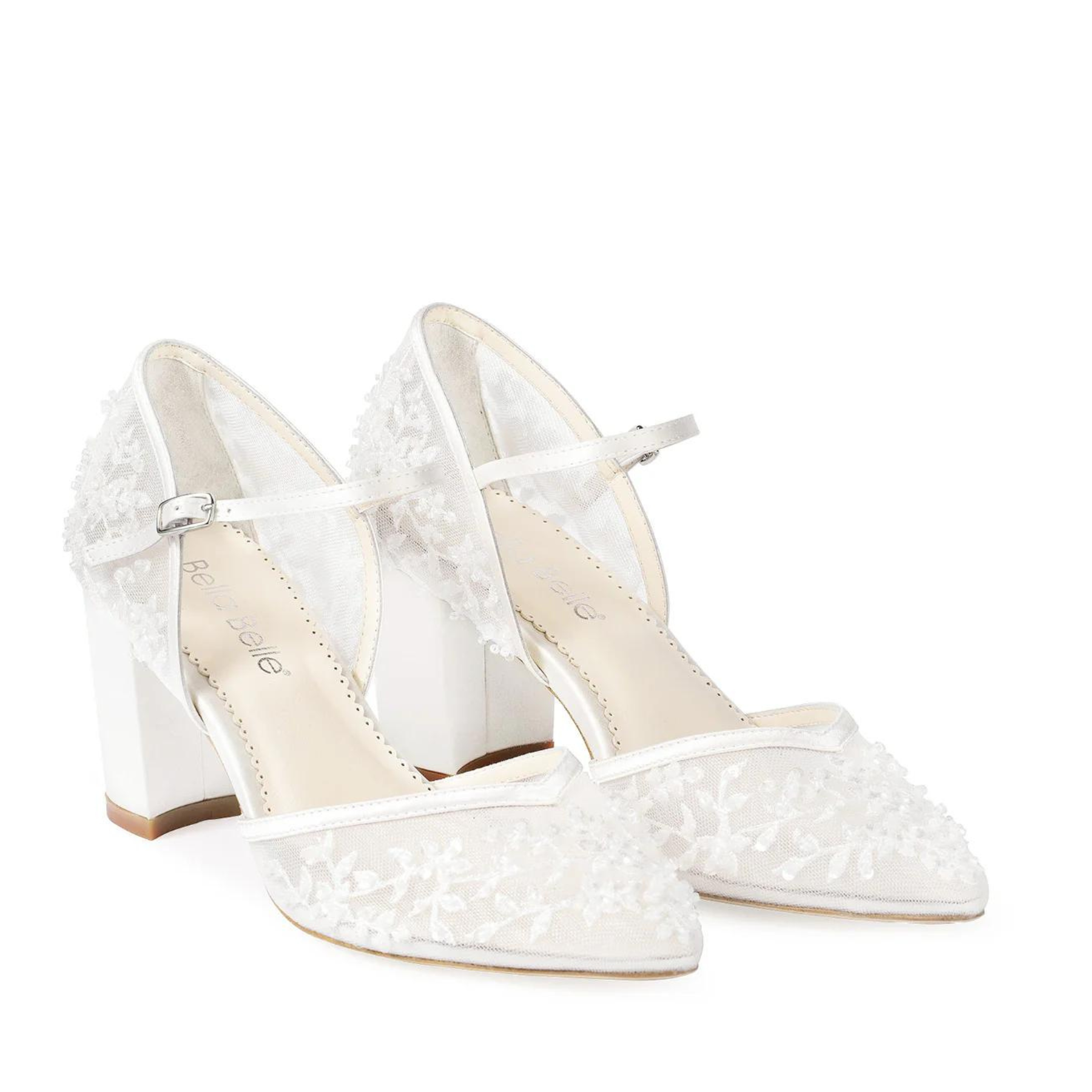 Carla - Ivory Floral Beaded Lace D'Orsay Block Heels