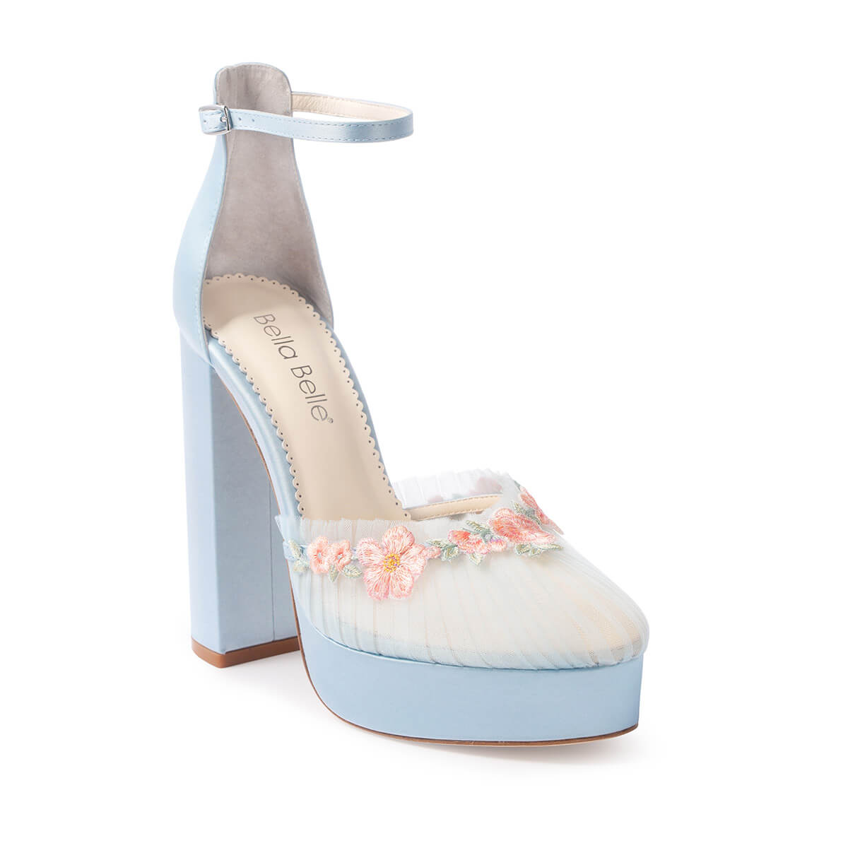 Celeste - Pleated Tulle Block Heel Wedding Shoes with Blush Blossom Detailing - Blue