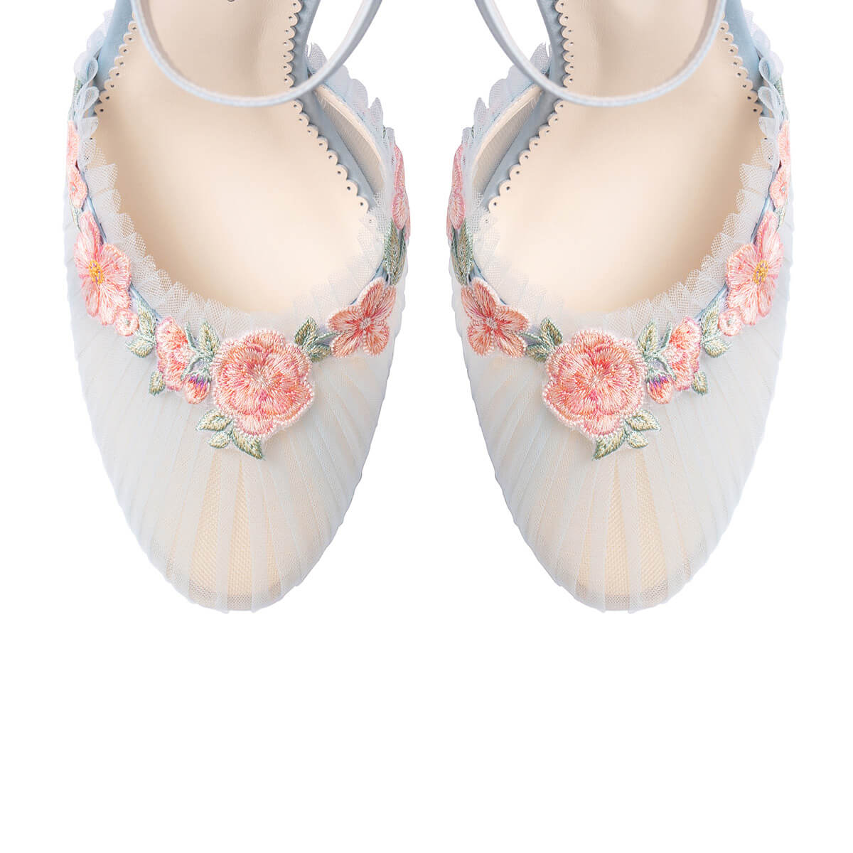 Celeste - Pleated Tulle Block Heel Wedding Shoes with Blush Blossom Detailing - Blue