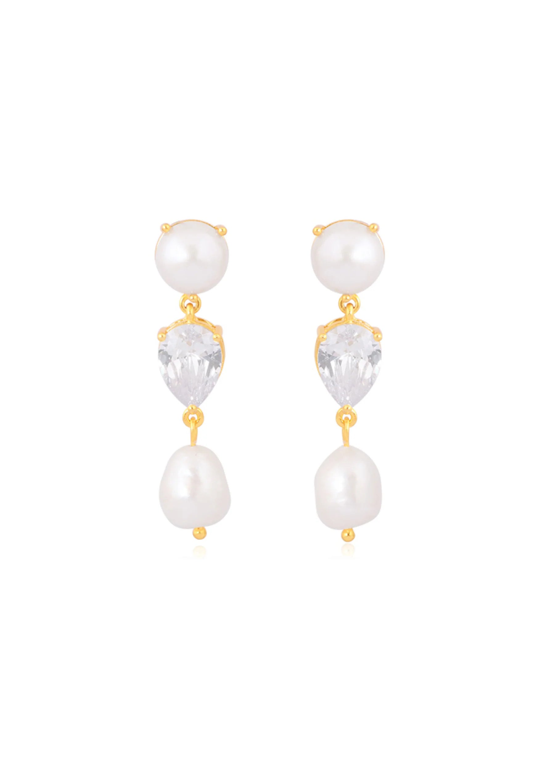 Lola Knight - Celine - Double Pearl And Crystal Drop Earrings - Gold