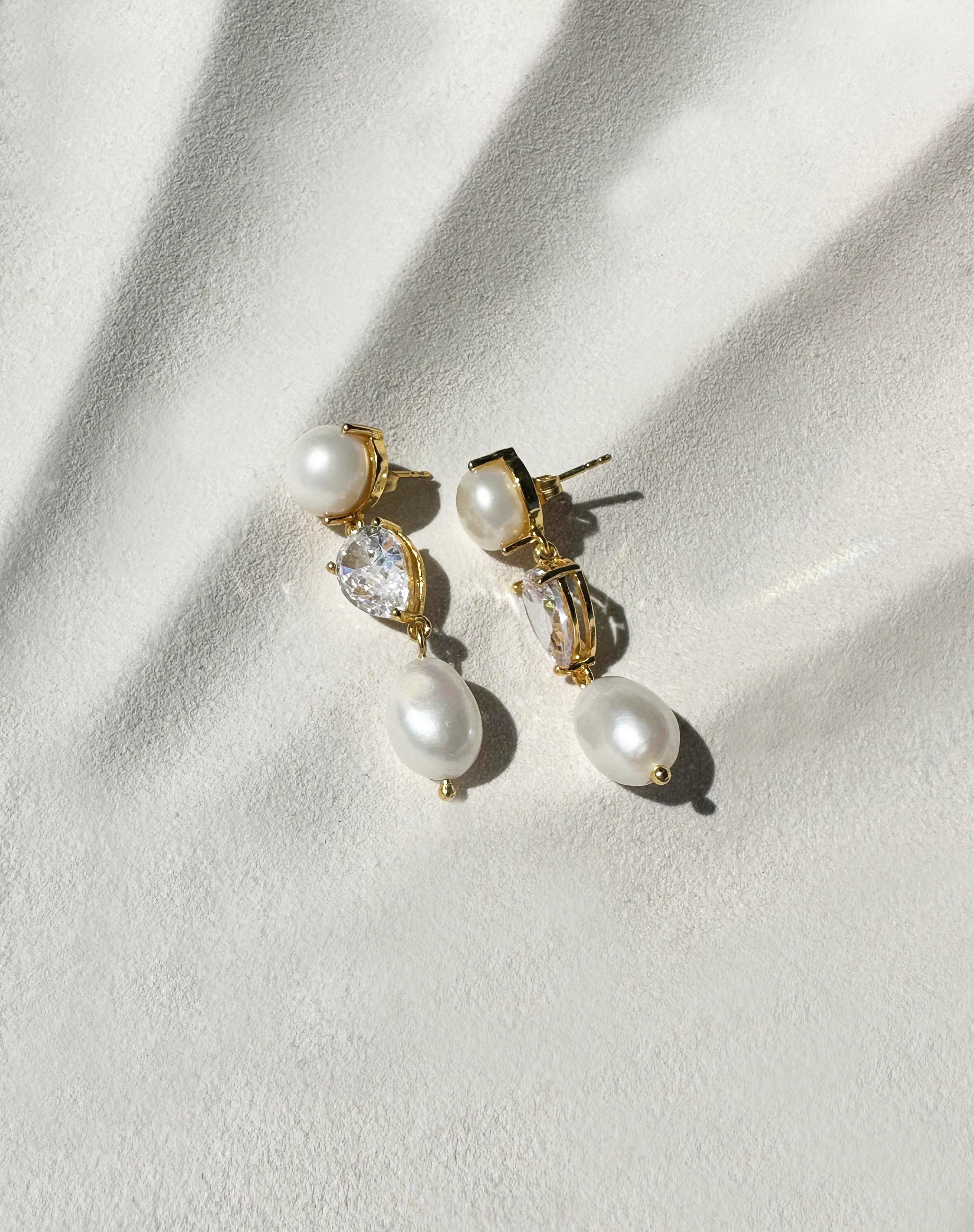 Lola Knight - Celine - Double Pearl And Crystal Drop Earrings - Gold
