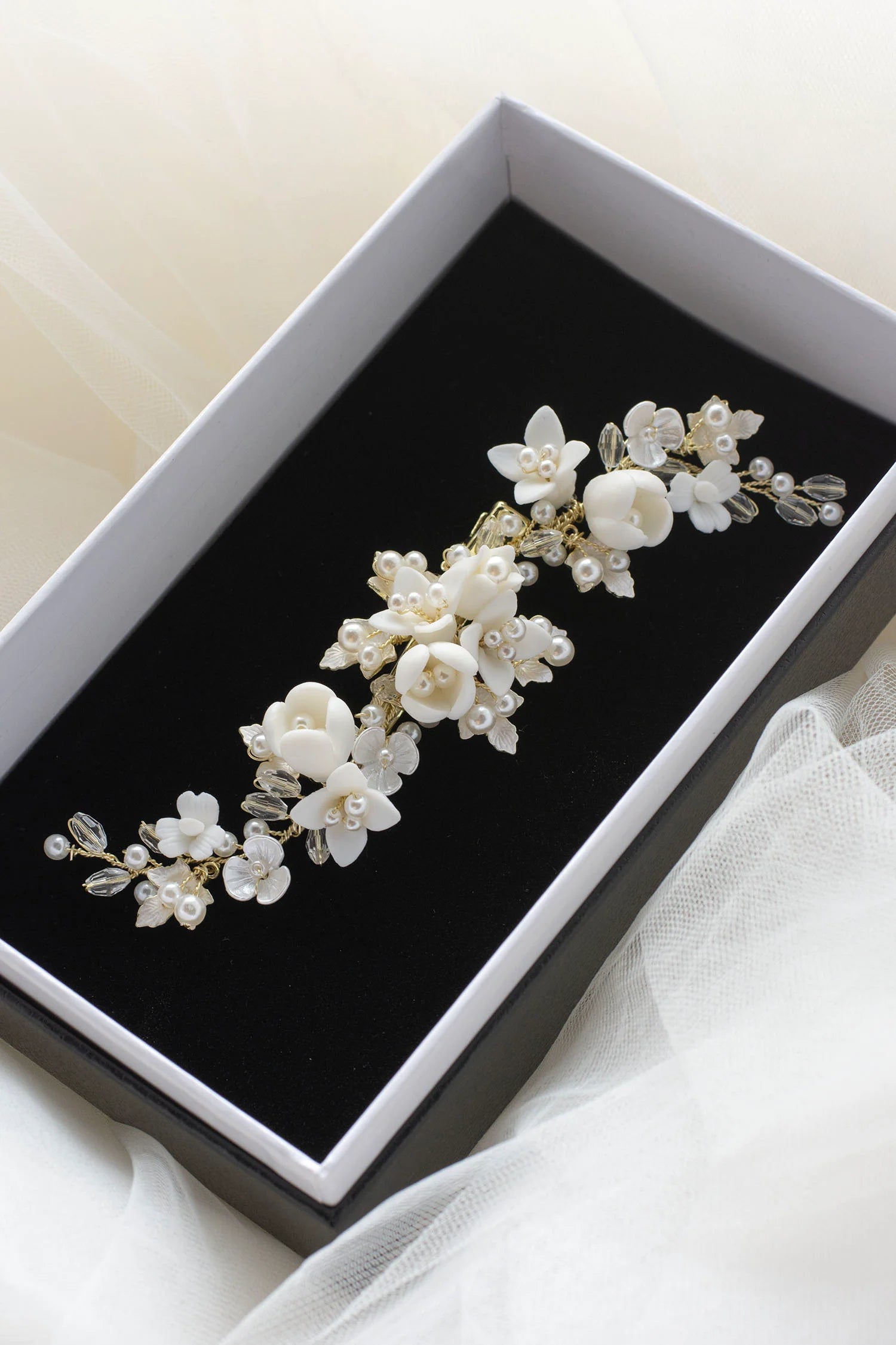 Caroline - Delicate Porcelain & Crystal Floral Pearl Bridal Hair Clip