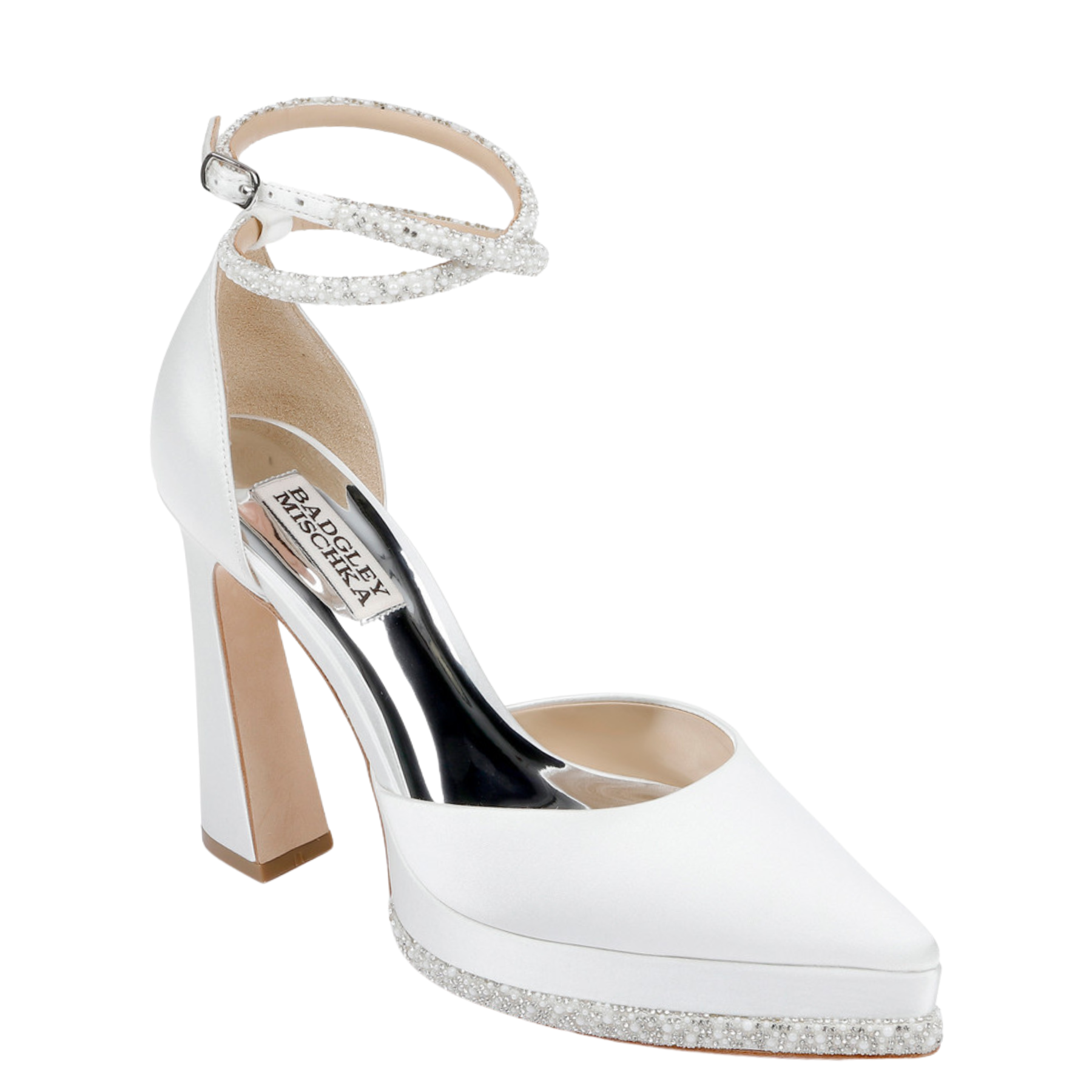 Eliana Pointed Closed Toe Platform Heel with Pearl Crystal Strap Soft White
