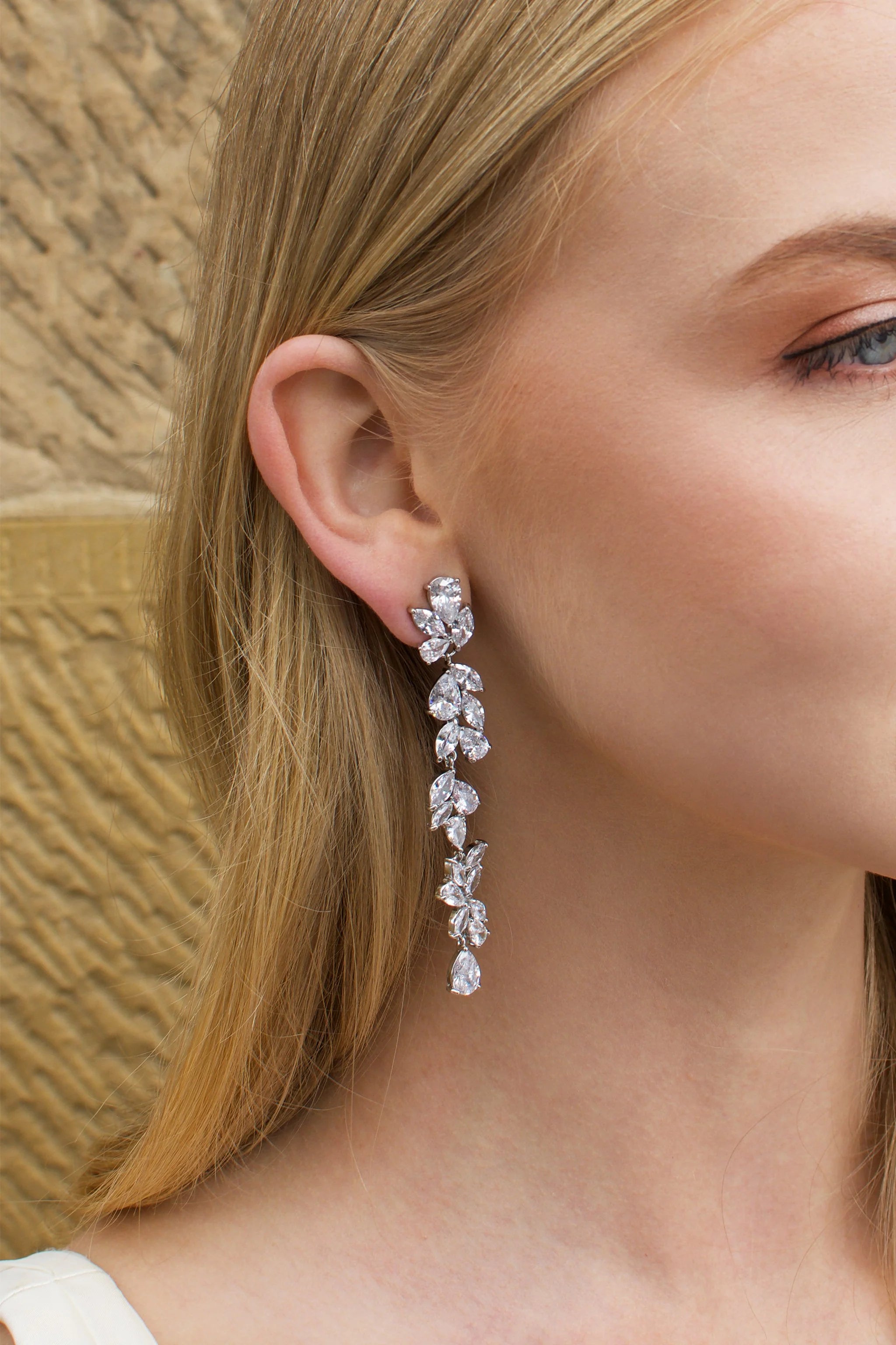 Claudine - Crystal Cluster Long Drop Bridal Earrings