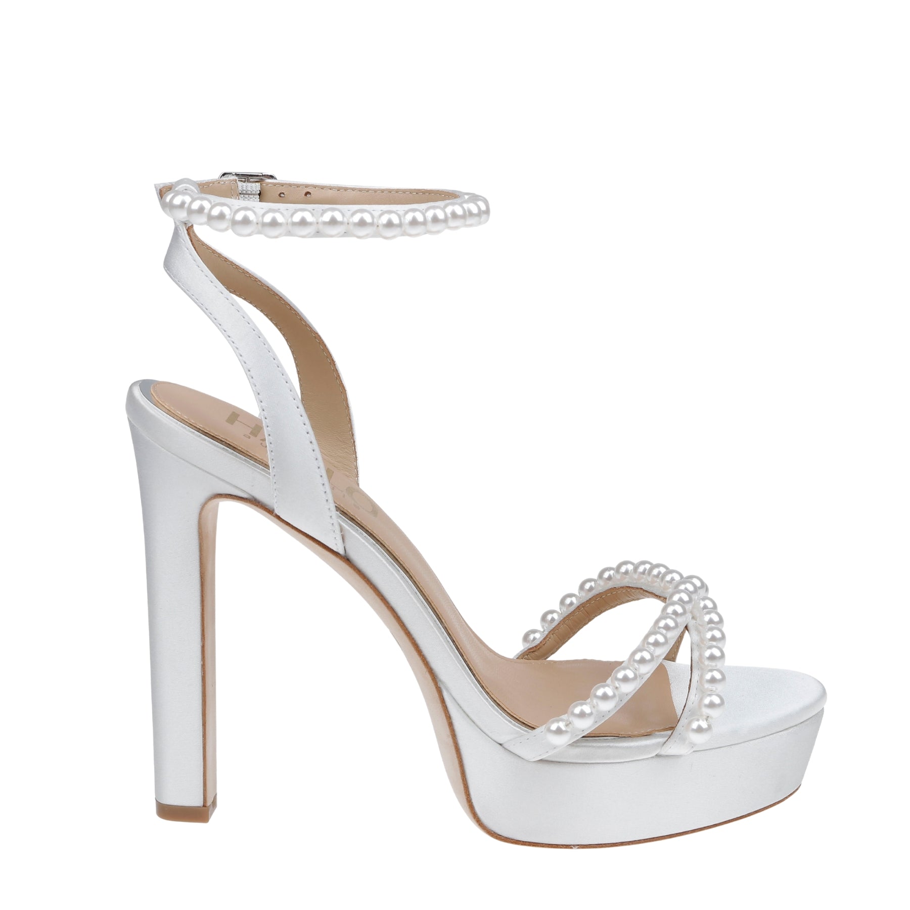 Eva - Cross Over Pearl Block Heel Platform - White