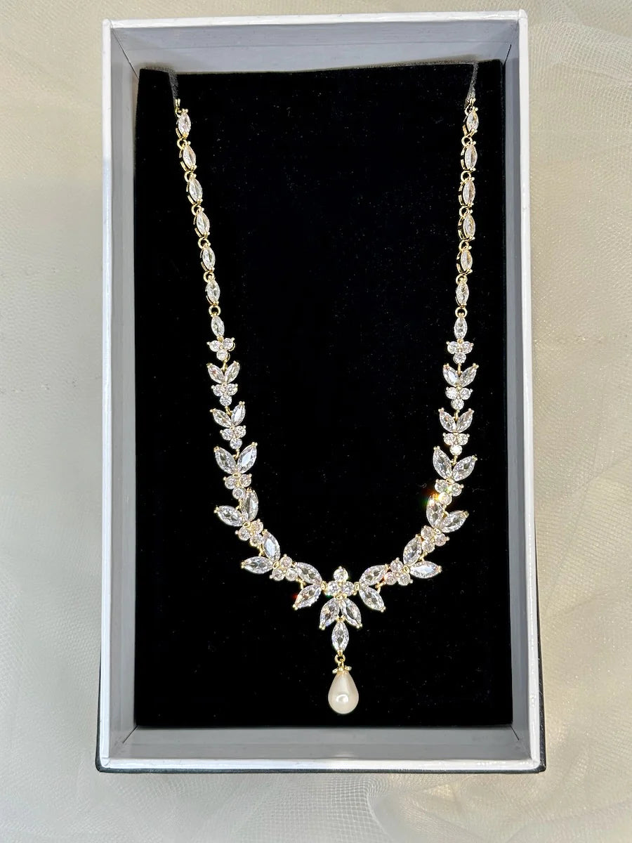 Courtney Pearl  - Statement Crystal and Pearl Bridal Necklace