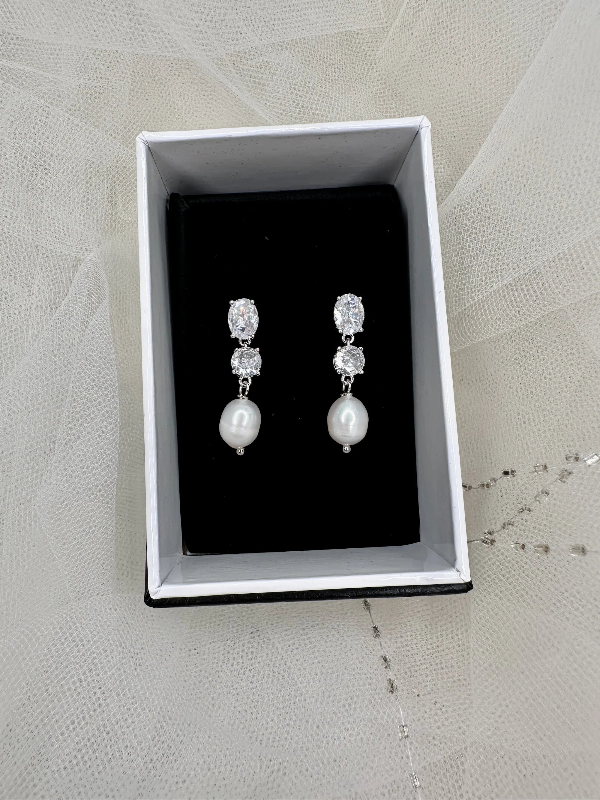 Poppy - Double Crystal and Pearl Drop Bridal Earrings