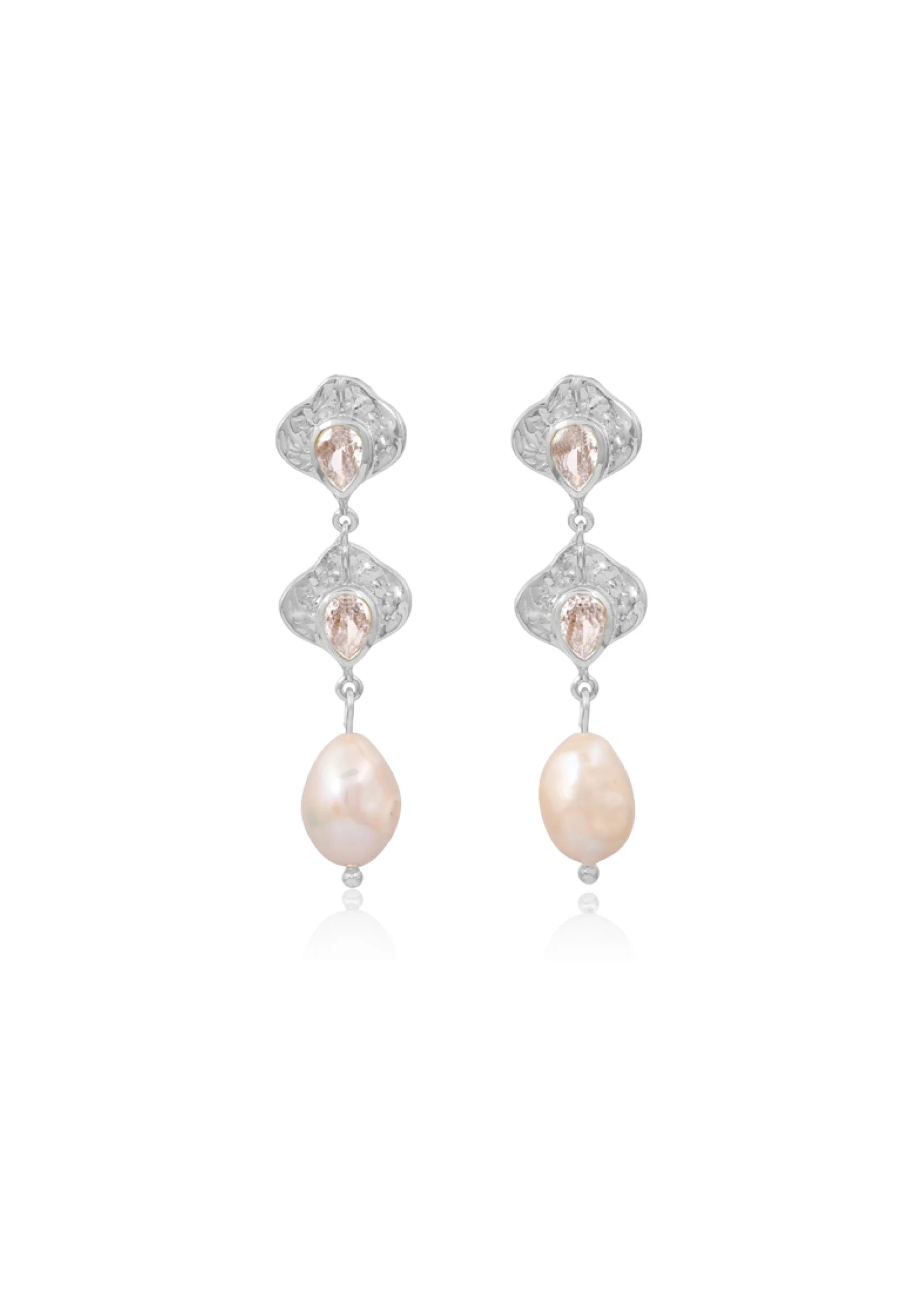 Lola Knight - Juliette - Pearl & Crystal Petal Shape Drop Earrings - Silver
