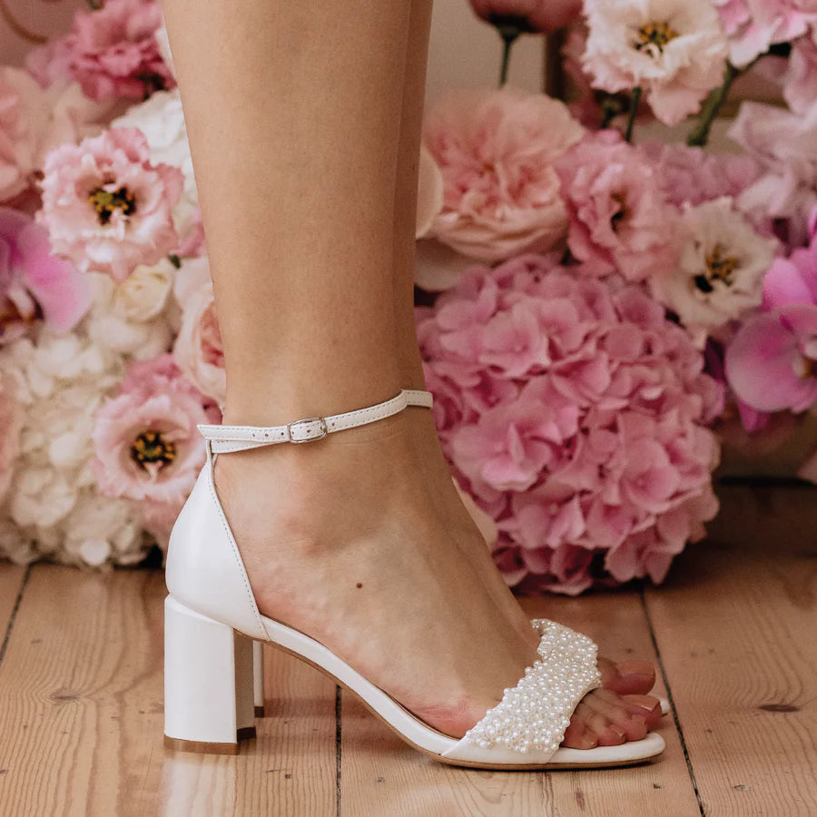 Katie Pearl - Pearl Embellished Low Block Bridal Heels - Ivory