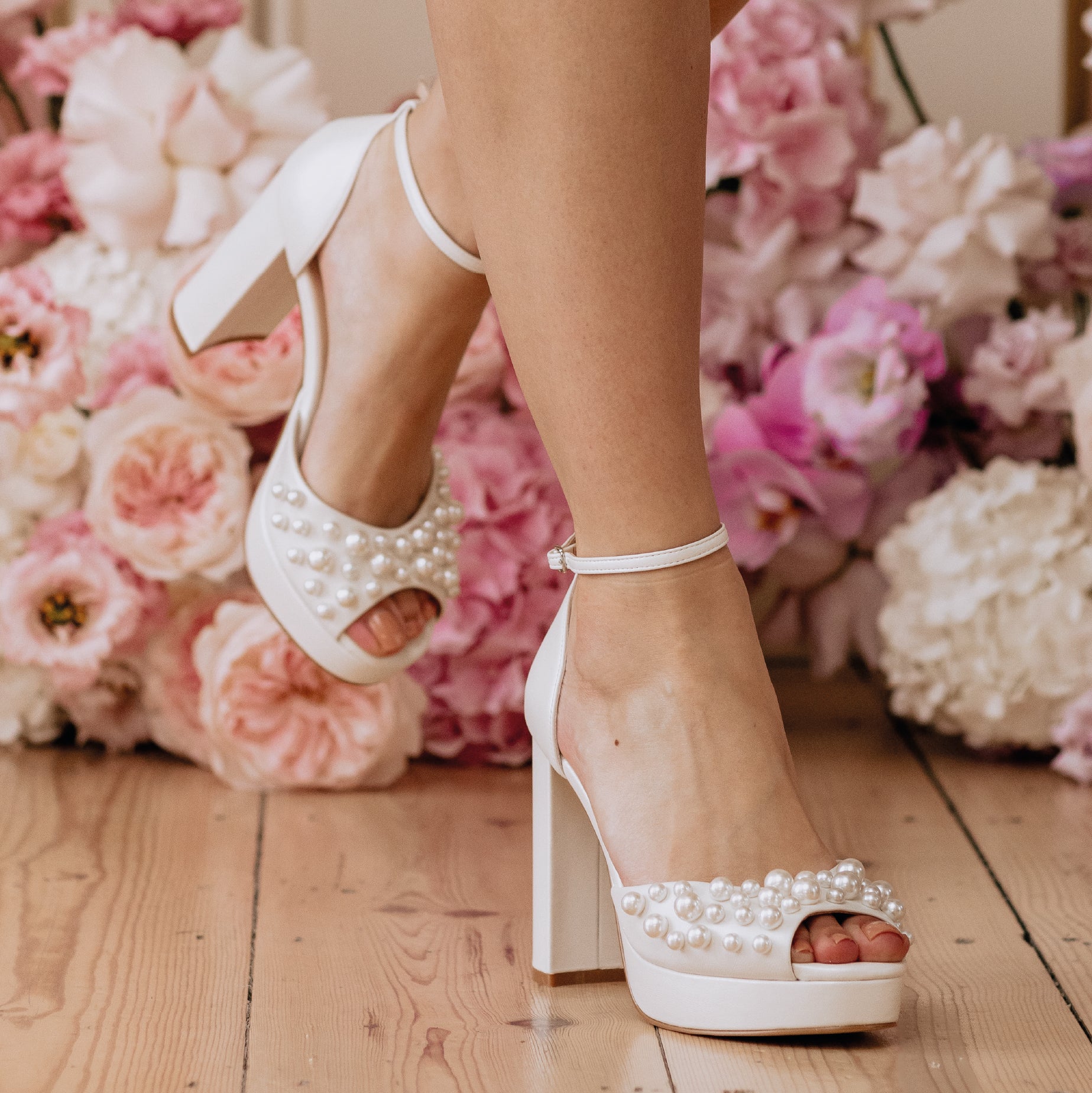 Londi - Ivory Pearl Embellished Platform Bridal Block Heel