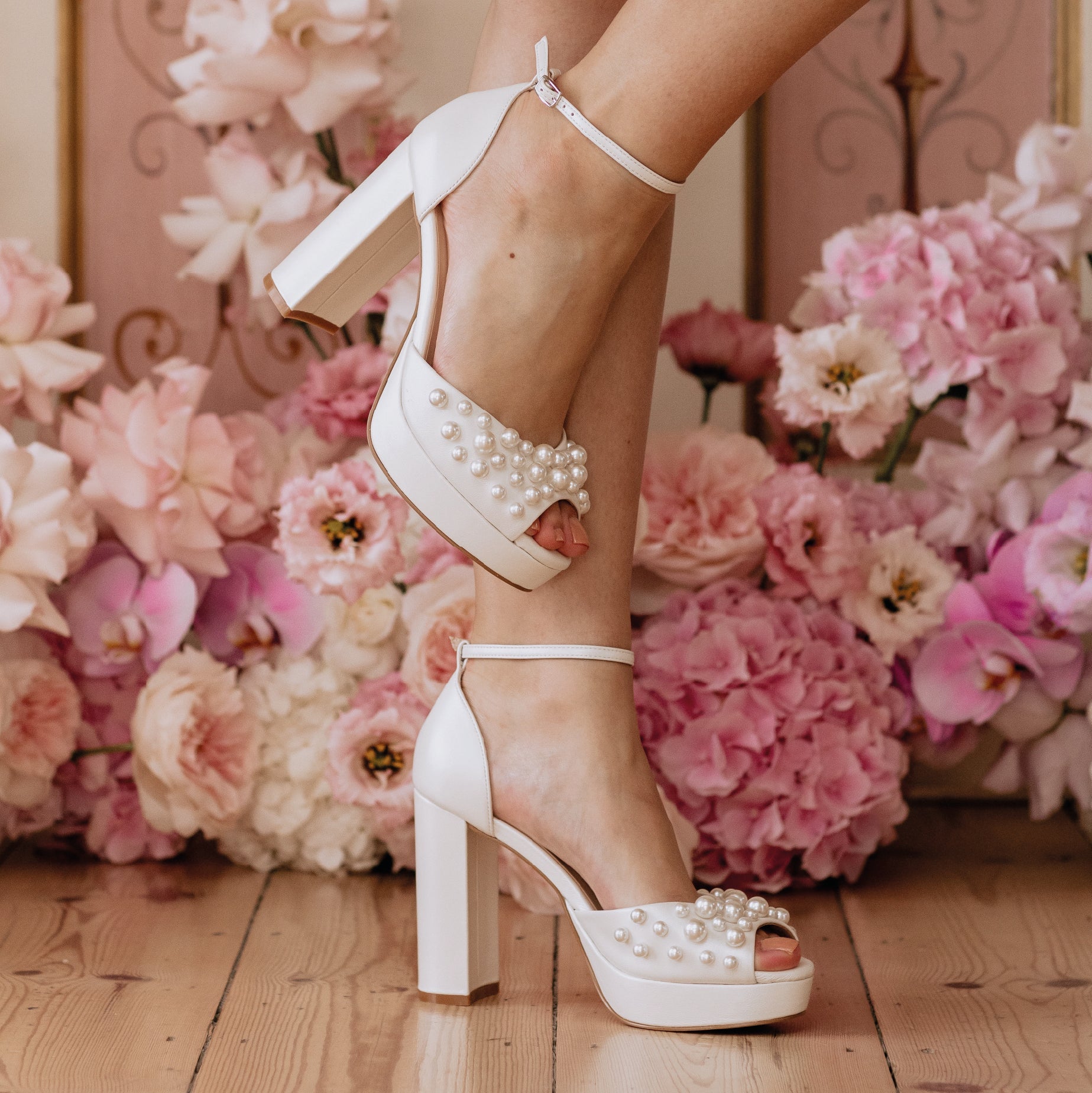 Londi - Ivory Pearl Embellished Platform Bridal Block Heel