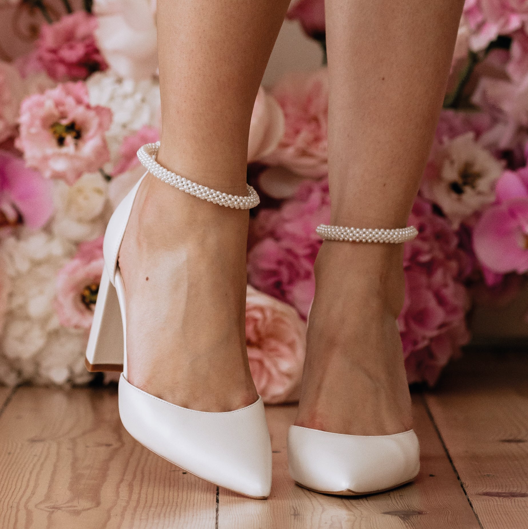 London - Pearl Strap Pointed Toe Bridal Block Heels