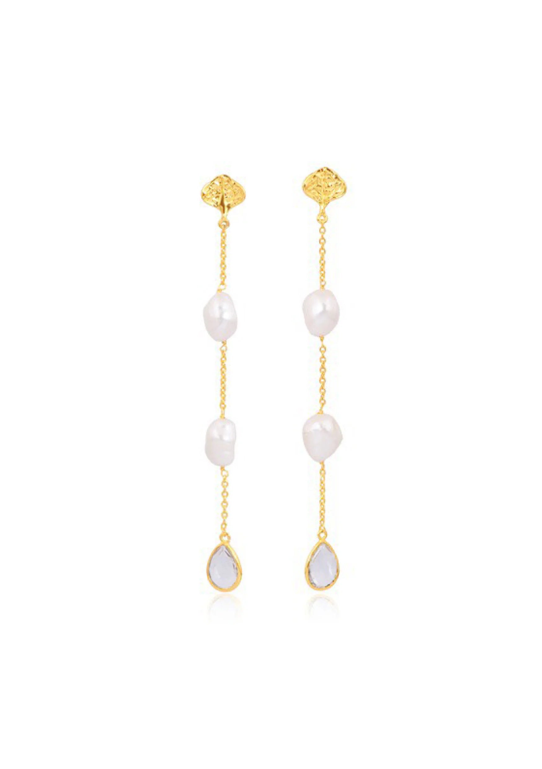 Lola Knight - Lea - Long Drop Pearl & Crystal Earrings - 18K Gold