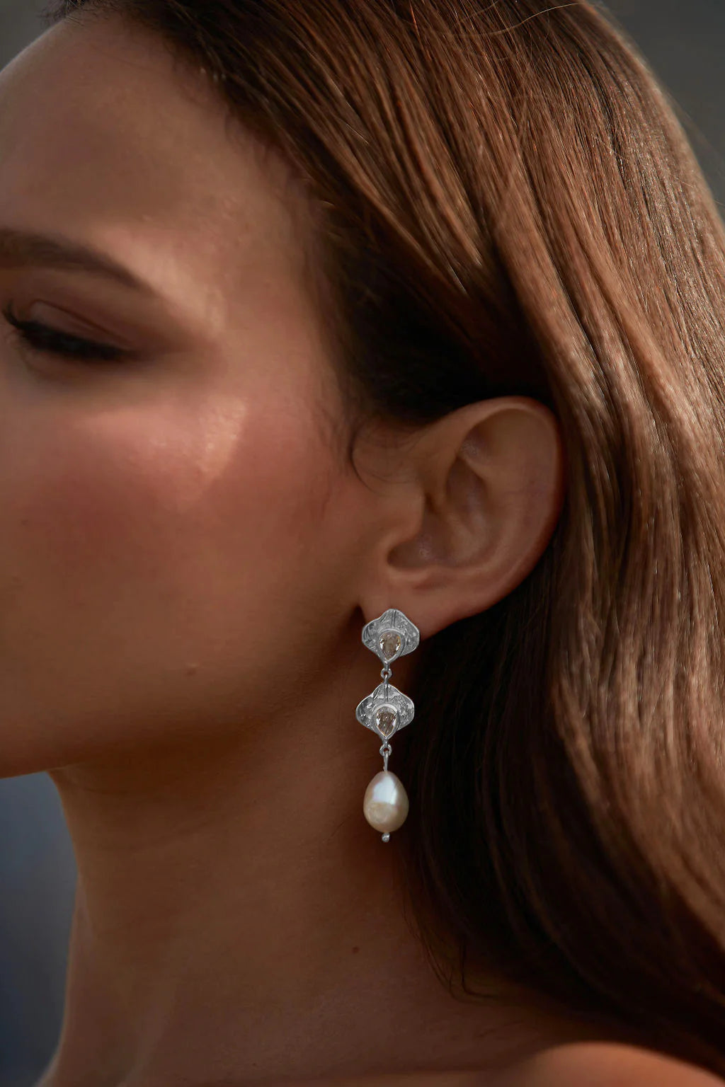 Lola Knight - Juliette - Pearl & Crystal Petal Shape Drop Earrings - Silver