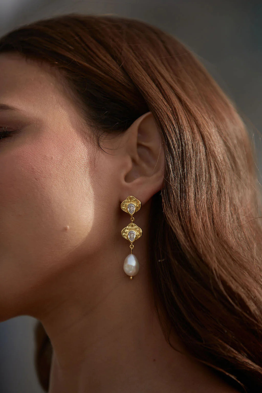 Lola Knight Juliette Pearl Crystal Petal Shape Drop Earrings 18K Gold