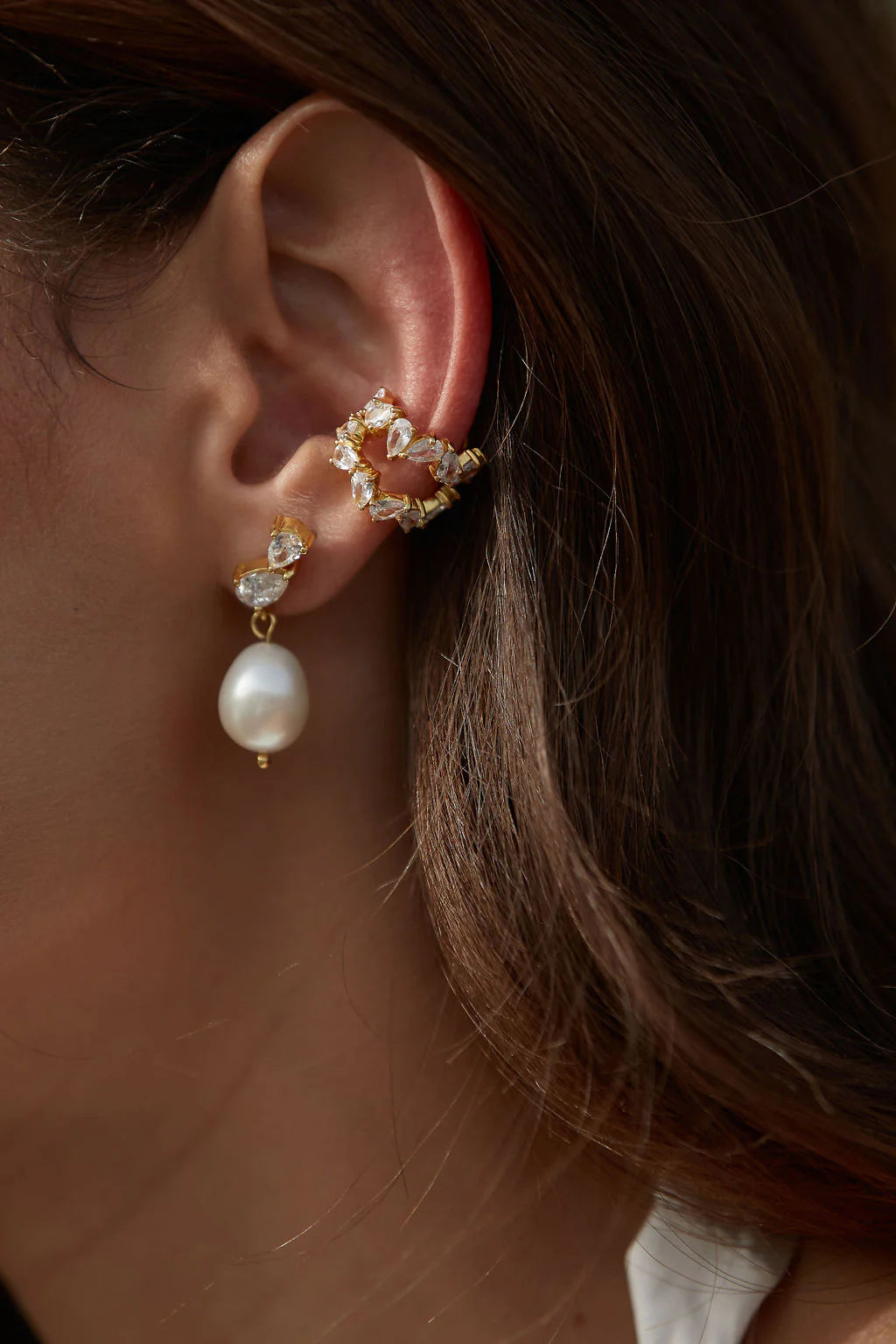 Lola Knight Ines Pear Shaped Crystal and Pearl Earrings 18K
