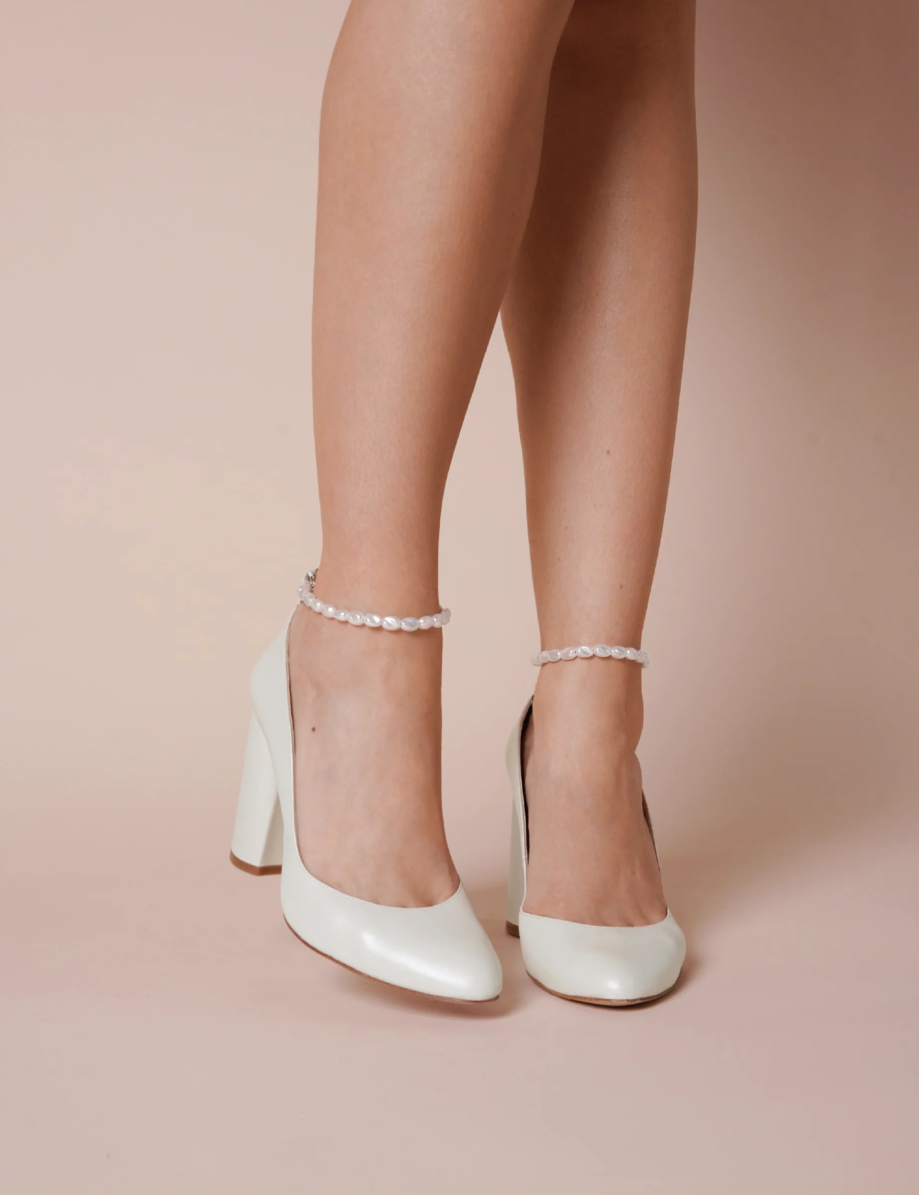 Mae - Ivory Freshwater Pearl Strap Almond Toe Bridal Block Heel