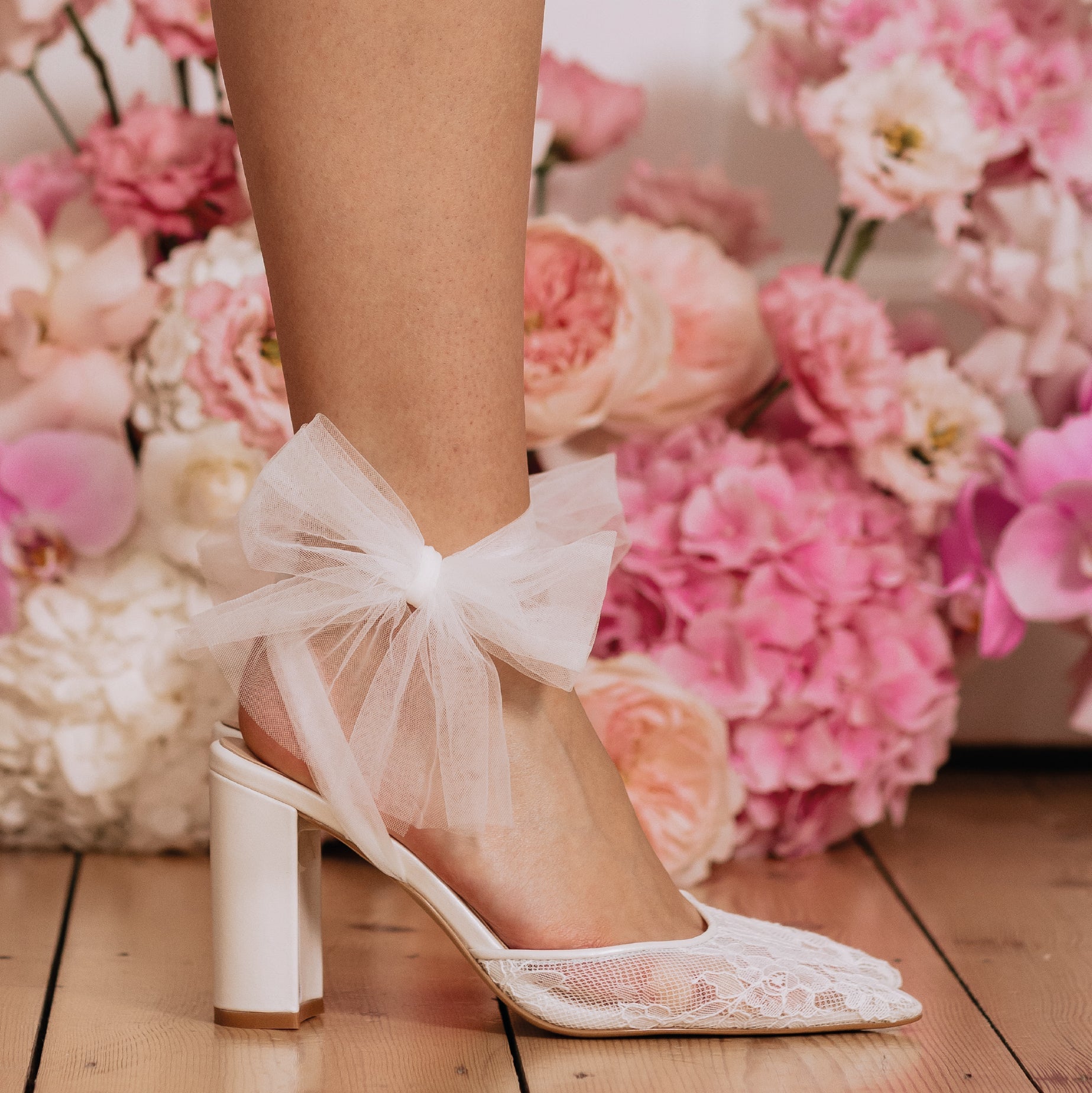 Natalia - Lace & Tulle Pointed Toe Block Heels - Ivory