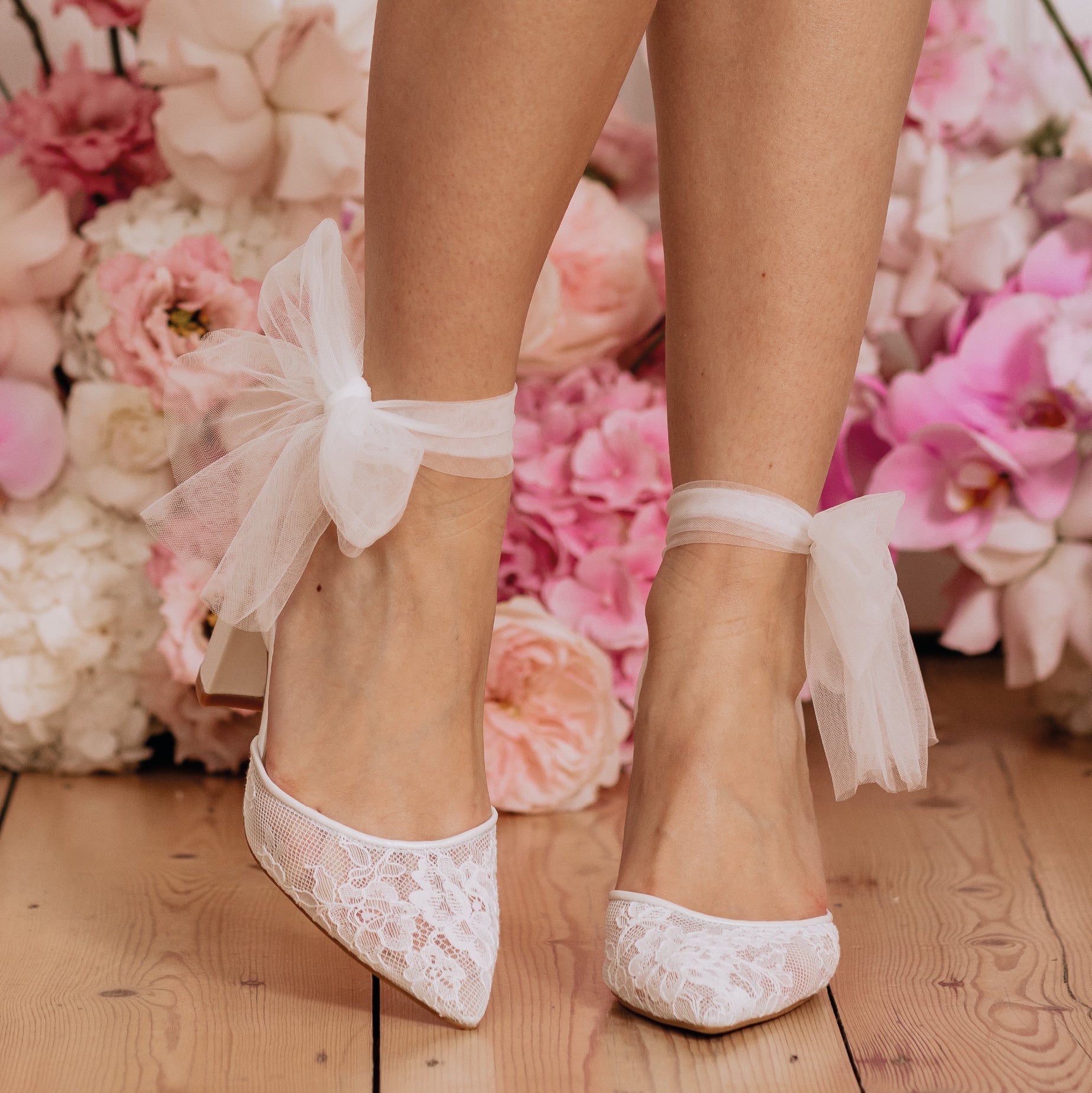 Natalia - Lace & Tulle Pointed Toe Block Heels - Ivory