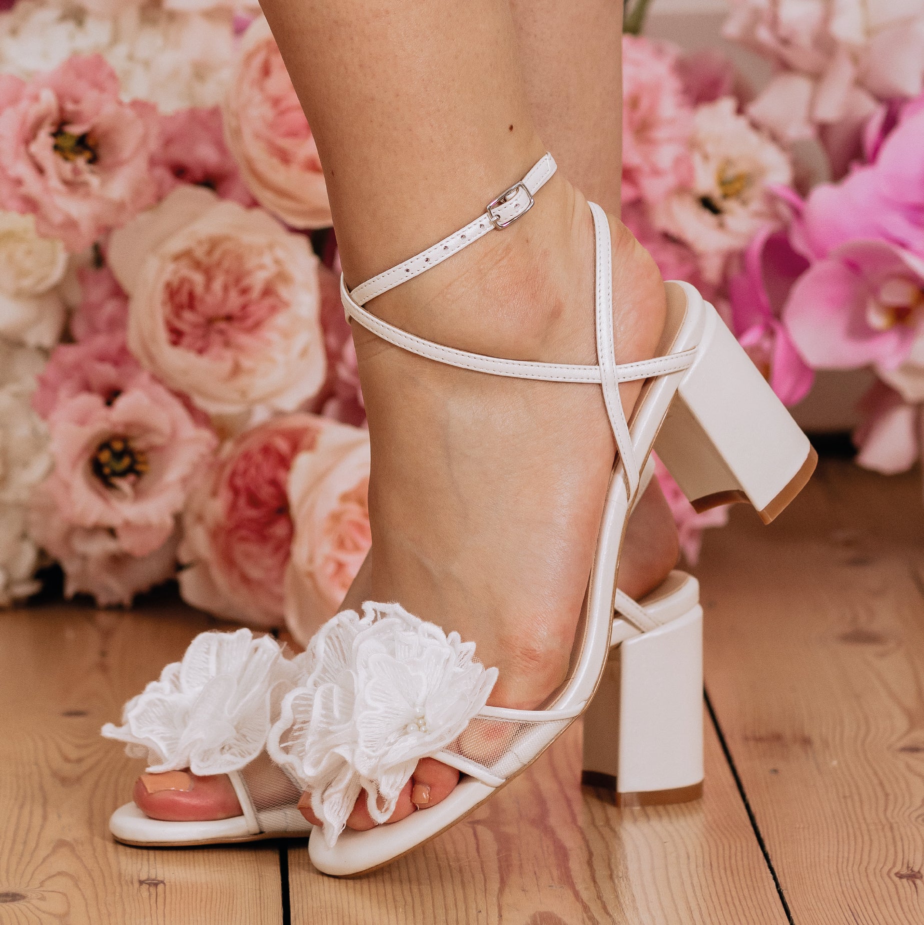 Nella - Flower & Pearl Bridal Low Bridal Block Heels - Ivory