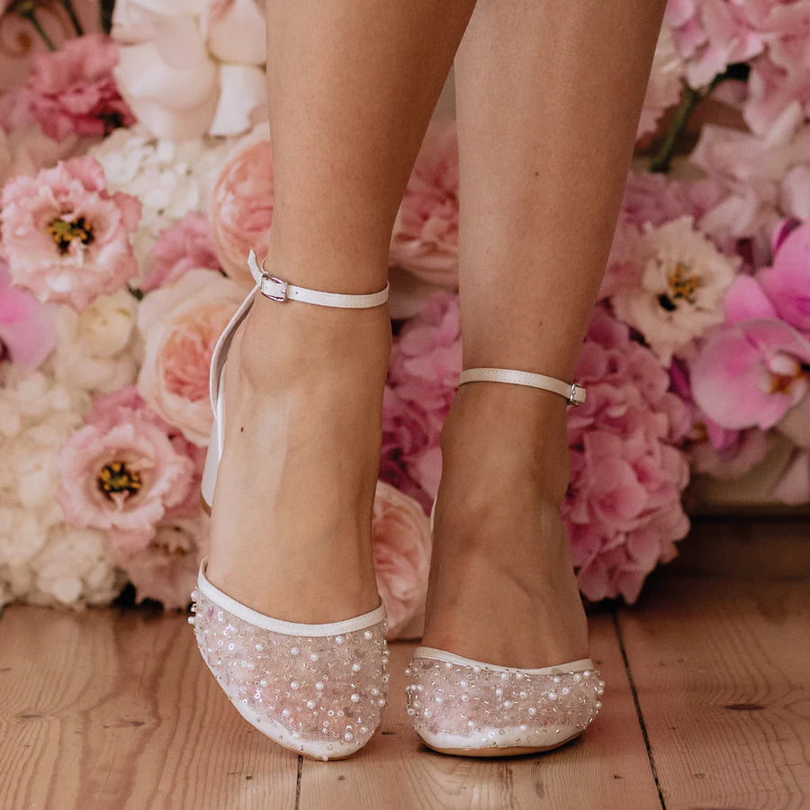 Nori - Beaded Pearl Closed Toe Low Bridal Block Heels - Ivory