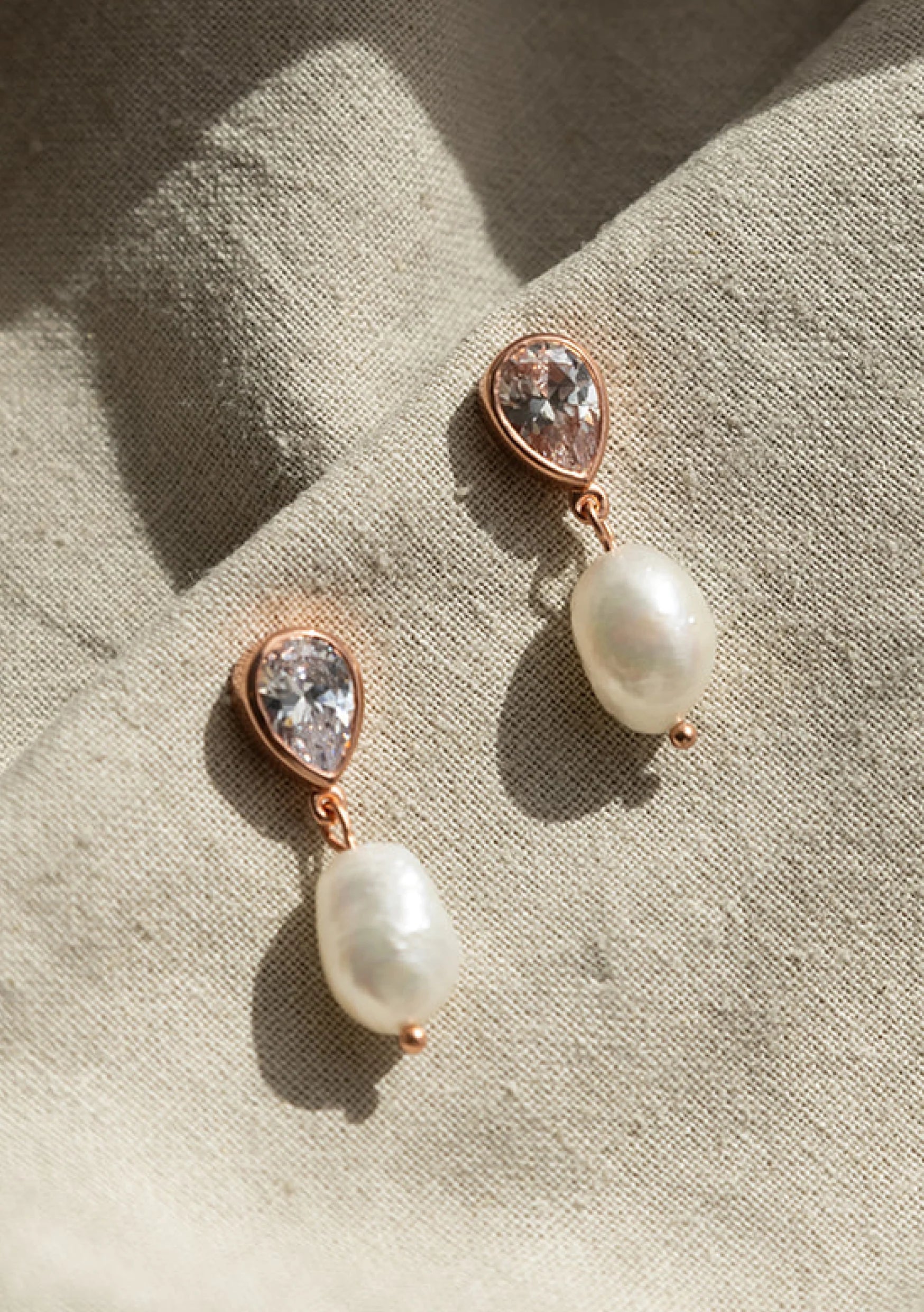 Lola Knight - Oceane - Pearl & Teardrop Crystal Earrings - Rose Gold