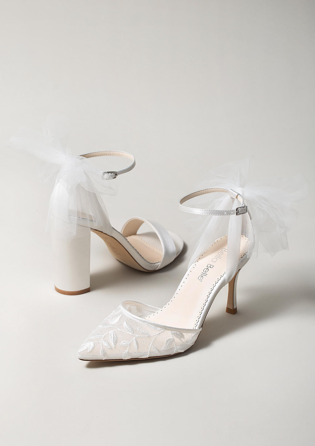 Joselyn - Vine Embroidered Ivory Lace Heels with Ankle Strap Tulle Bows