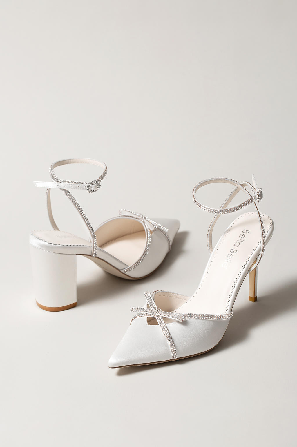 Alexia - Closed Toe Pearl Bow Block Heels with Pearl Straps - Ivory