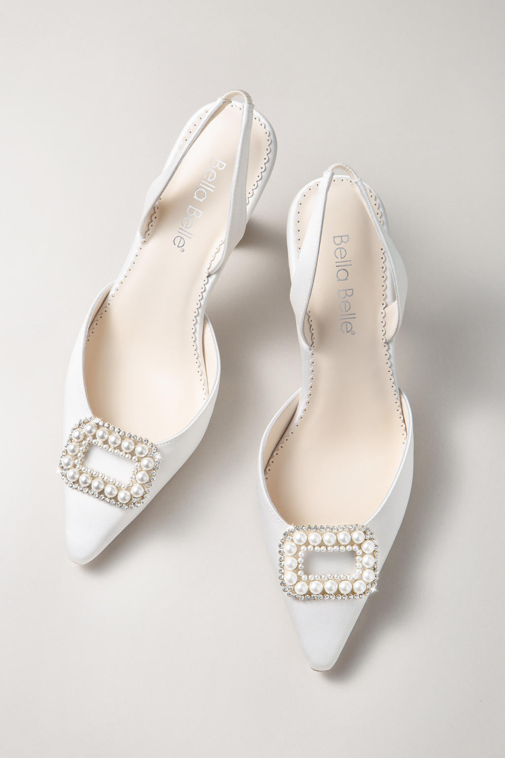 Andie - Closed Toe Spool Heel Slingbacks with Crystal and Pearl Brooch - Ivory