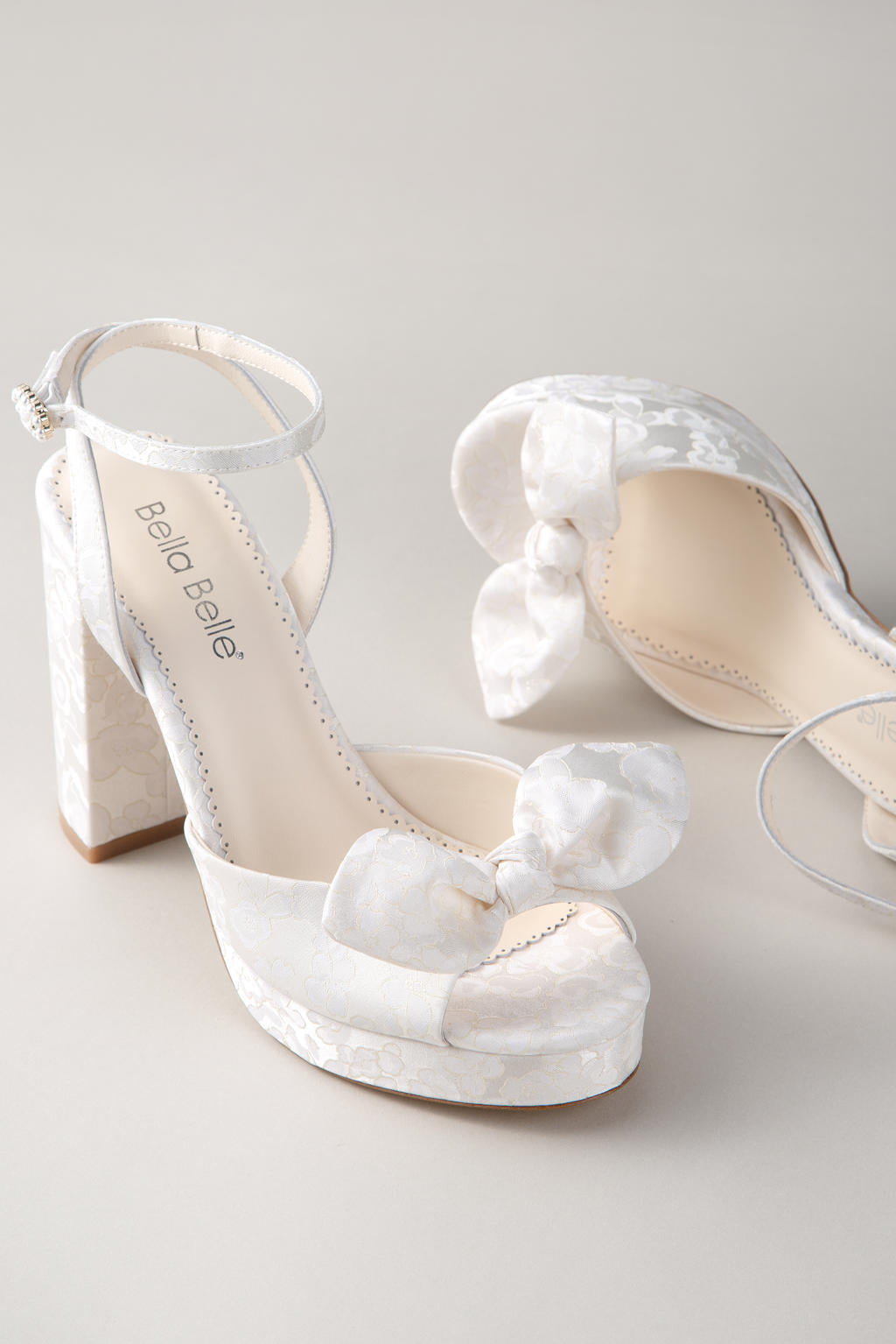 Colette - Open Toe Jacquard Platform Block Heels With Bow - Ivory