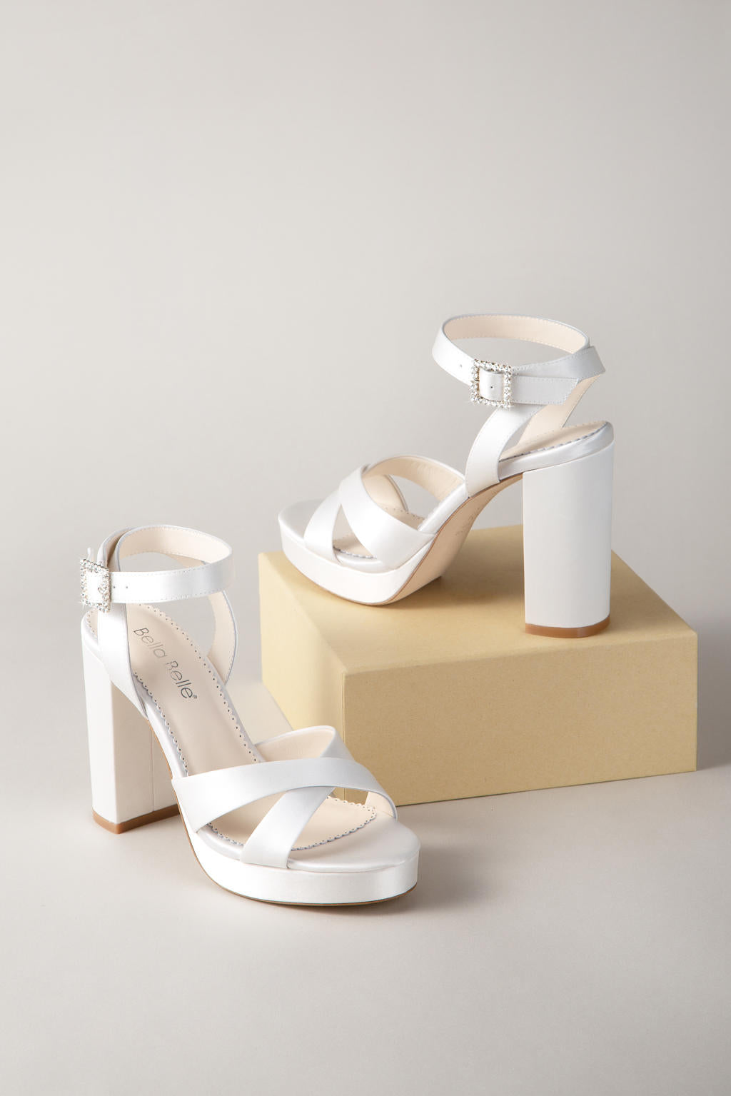 Carrie - 4 inch Open Toe Platform Strappy Bridal Shoes with Crystal Buckle - Ivory