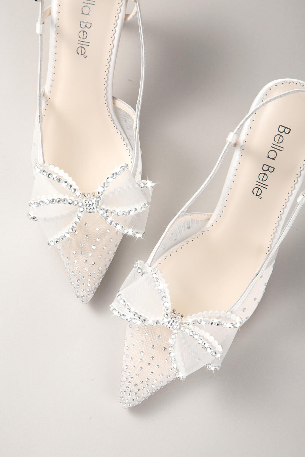 Chriselle - Crystal Bow Mesh Slingback Heels with Removable Bow - Ivory