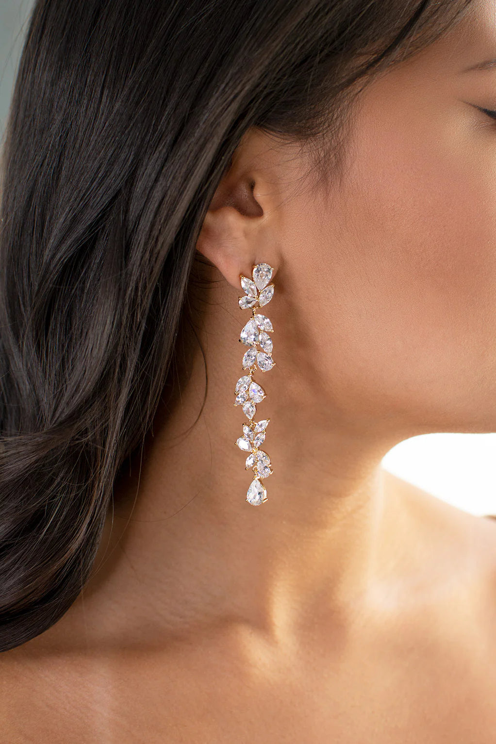 Claudine - Crystal Cluster Long Drop Bridal Earrings