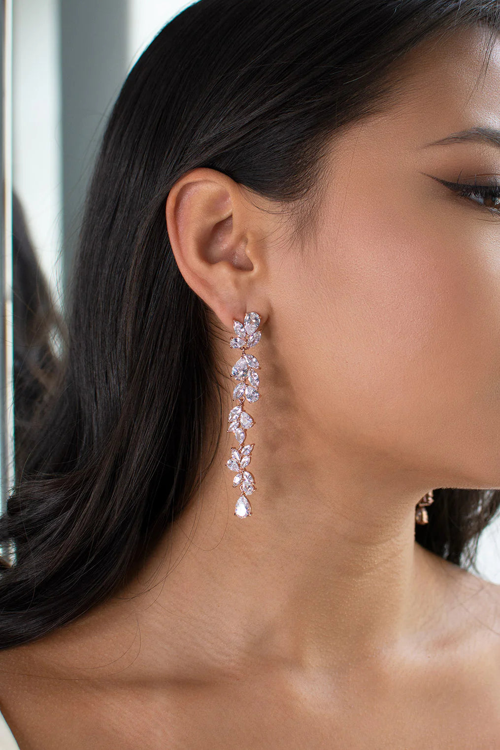 Claudine - Crystal Cluster Long Drop Bridal Earrings