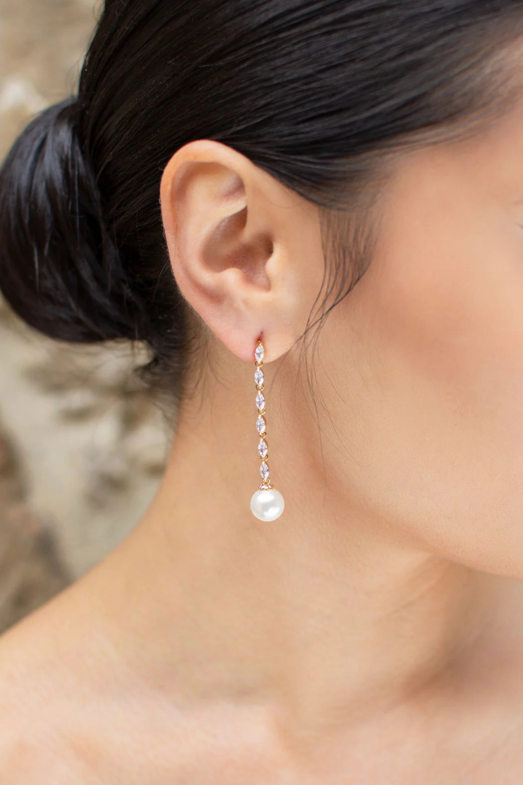 Melanie - Long Drop Navette Crystal and Pearl Bridal Earrings