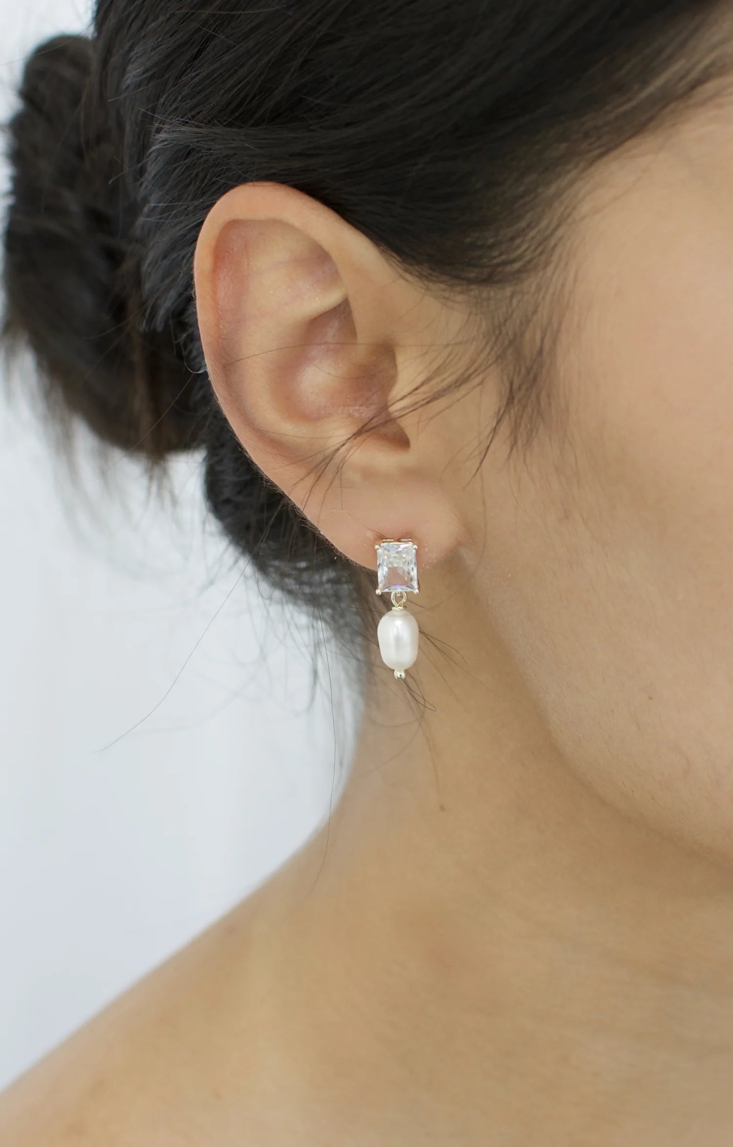 Helena - Baguette Crystal and Pearl Drop Bridal Earrings