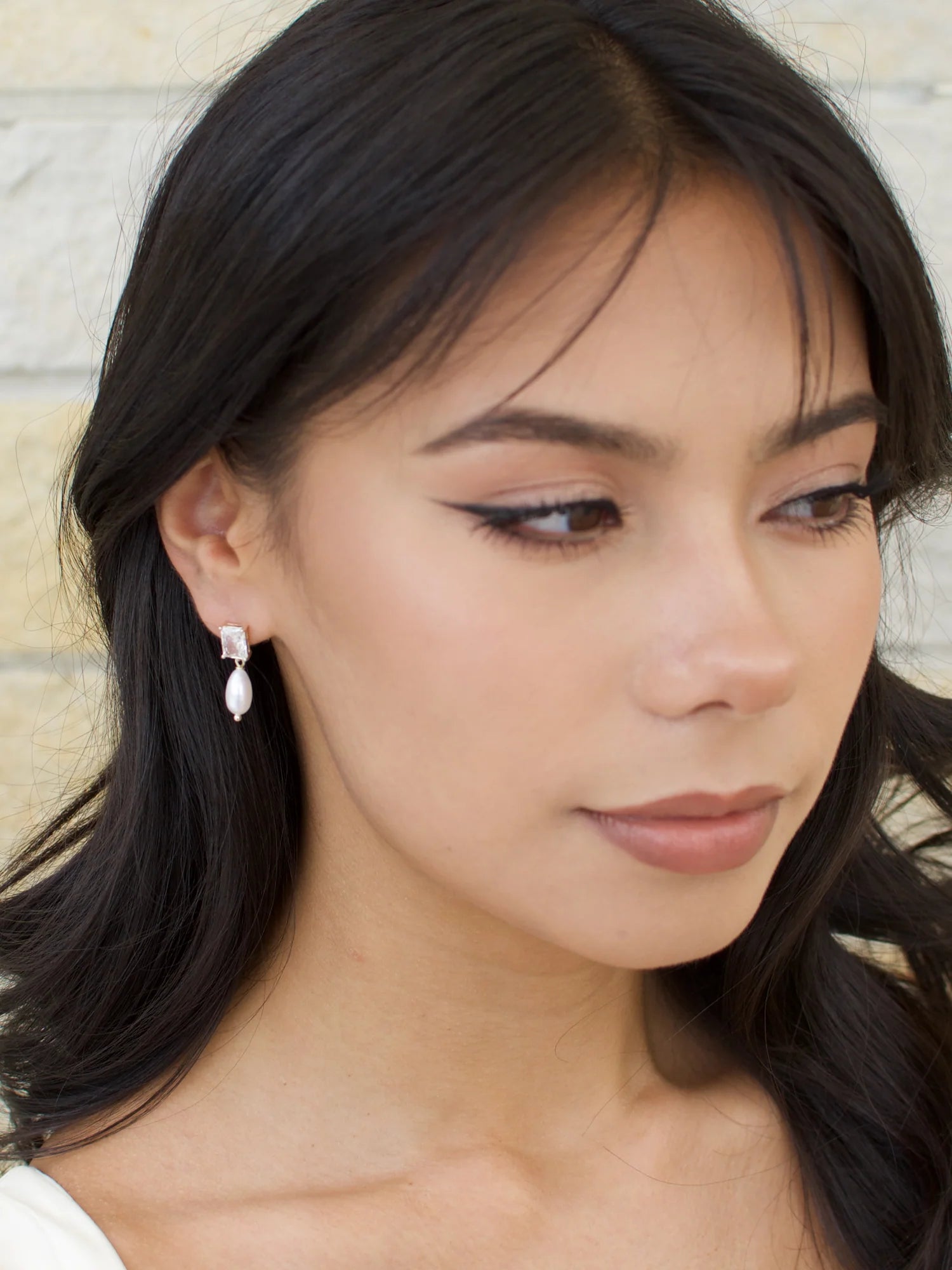 Helena - Baguette Crystal and Pearl Drop Bridal Earrings