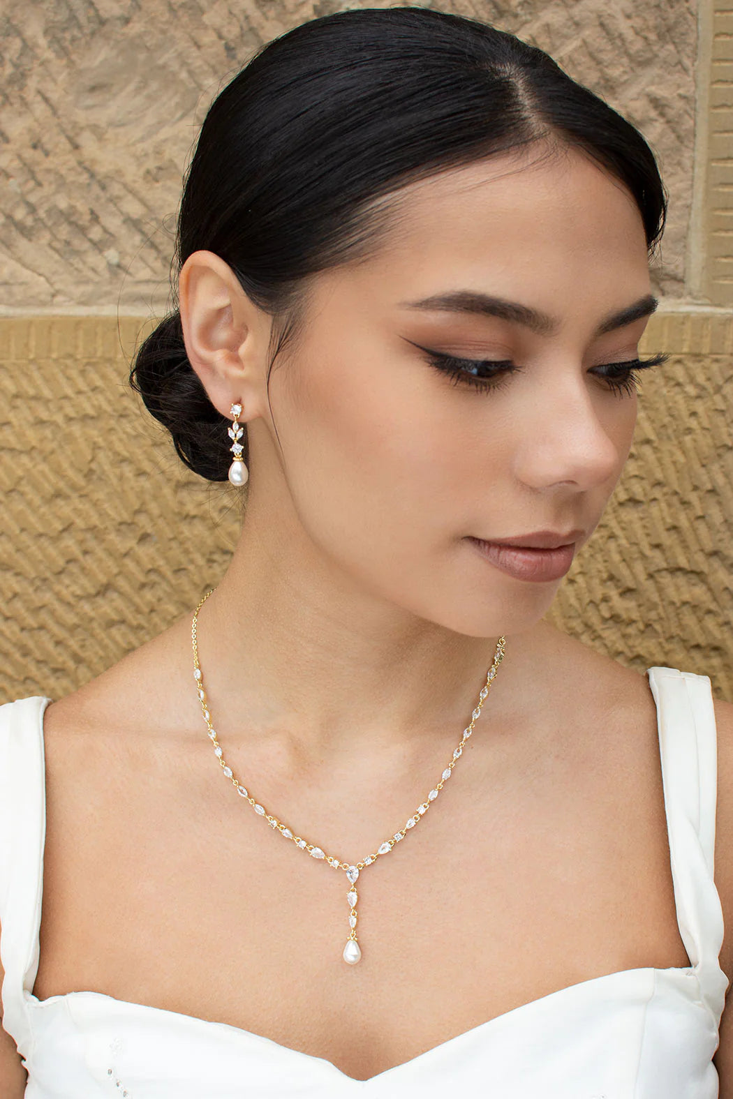 Siena  - Delicate Crystal and Plunging Pearl Drop Bridal Necklace - Gold