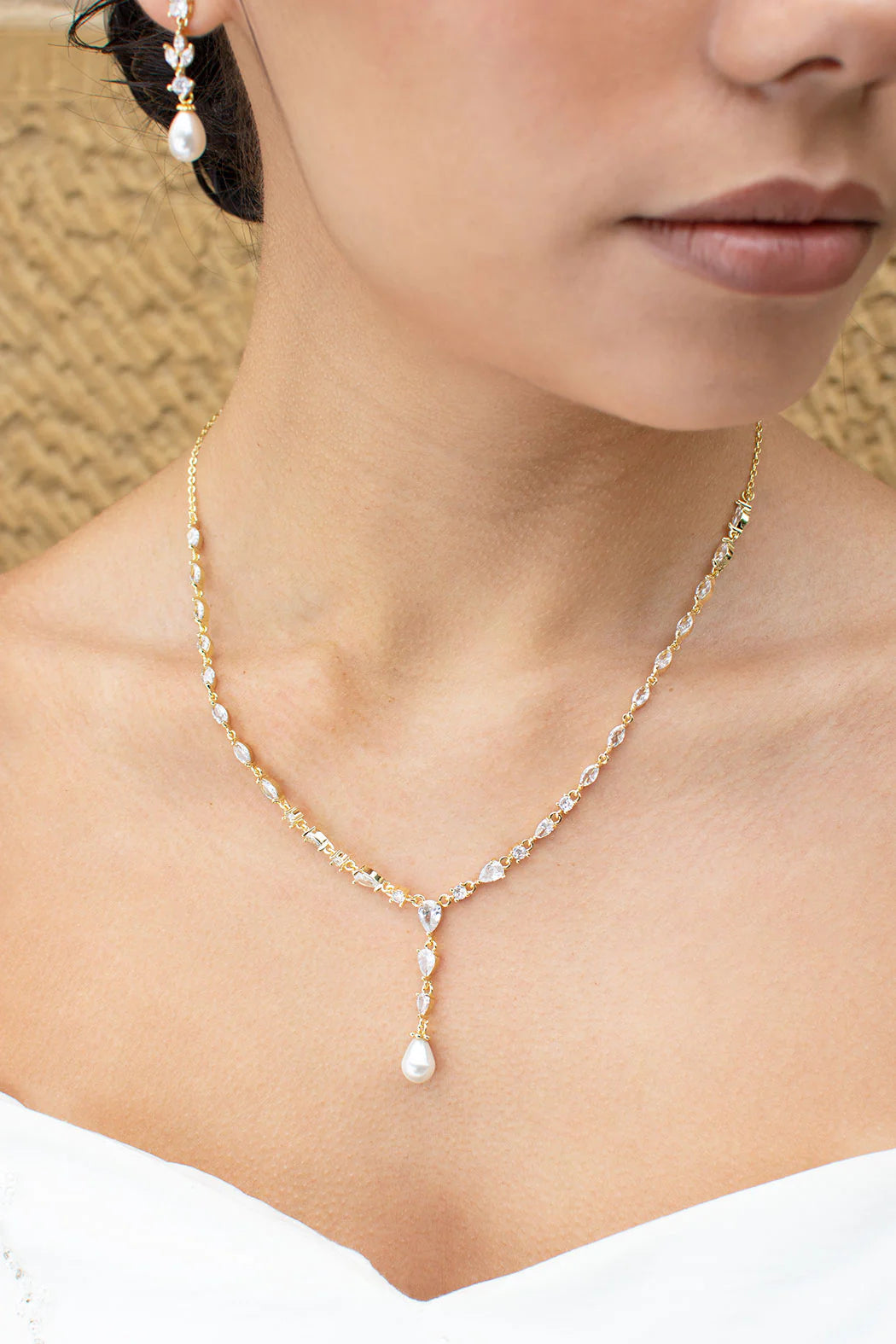Siena Delicate Crystal and Plunging Pearl Drop Bridal Necklace Gol The White Collection