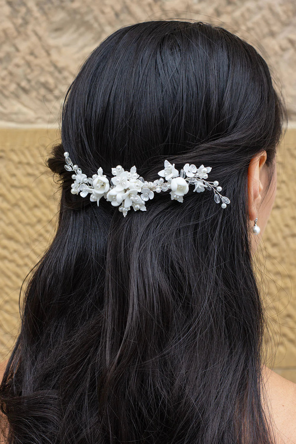 Caroline - Delicate Porcelain & Crystal Floral Pearl Bridal Hair Clip