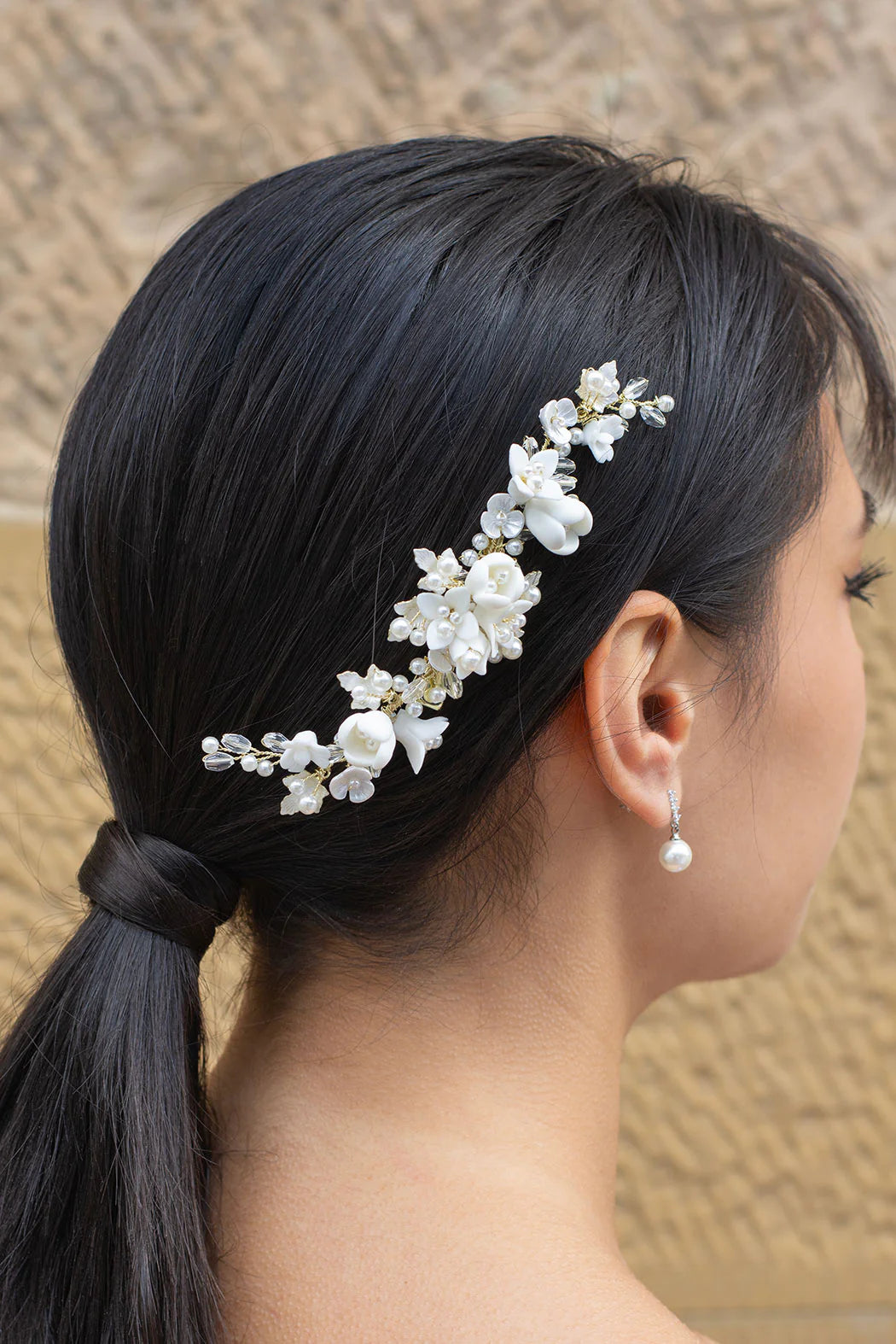 Caroline - Delicate Porcelain & Crystal Floral Pearl Bridal Hair Clip