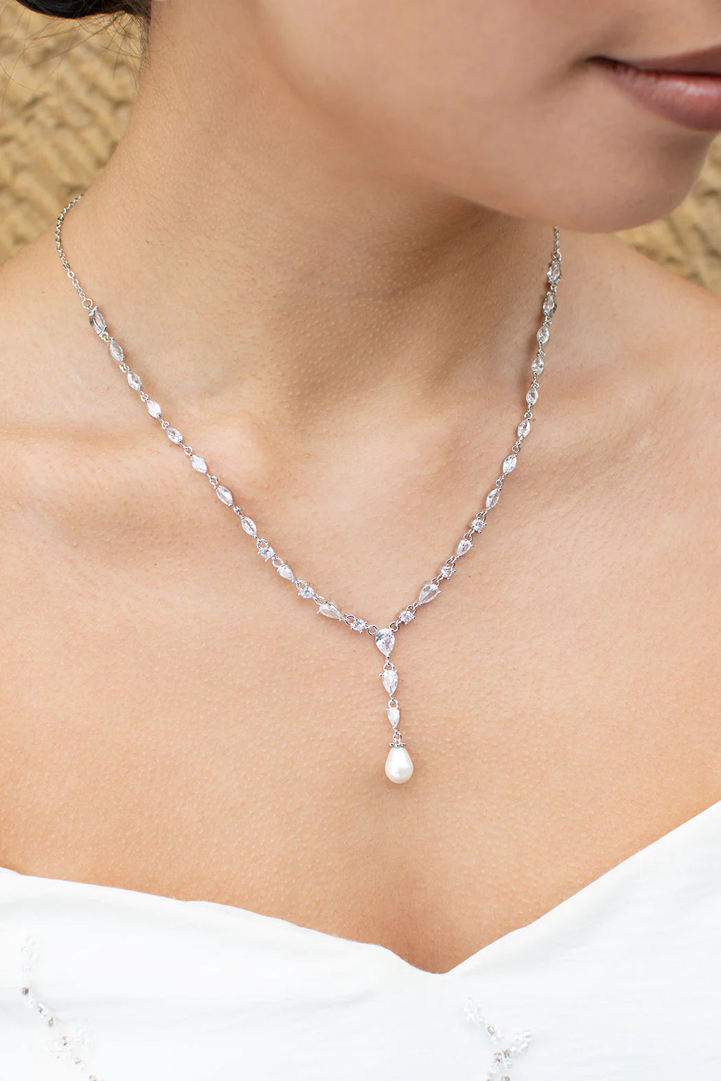 Siena Delicate Crystal and Plunging Pearl Drop Bridal Necklace Sil The White Collection