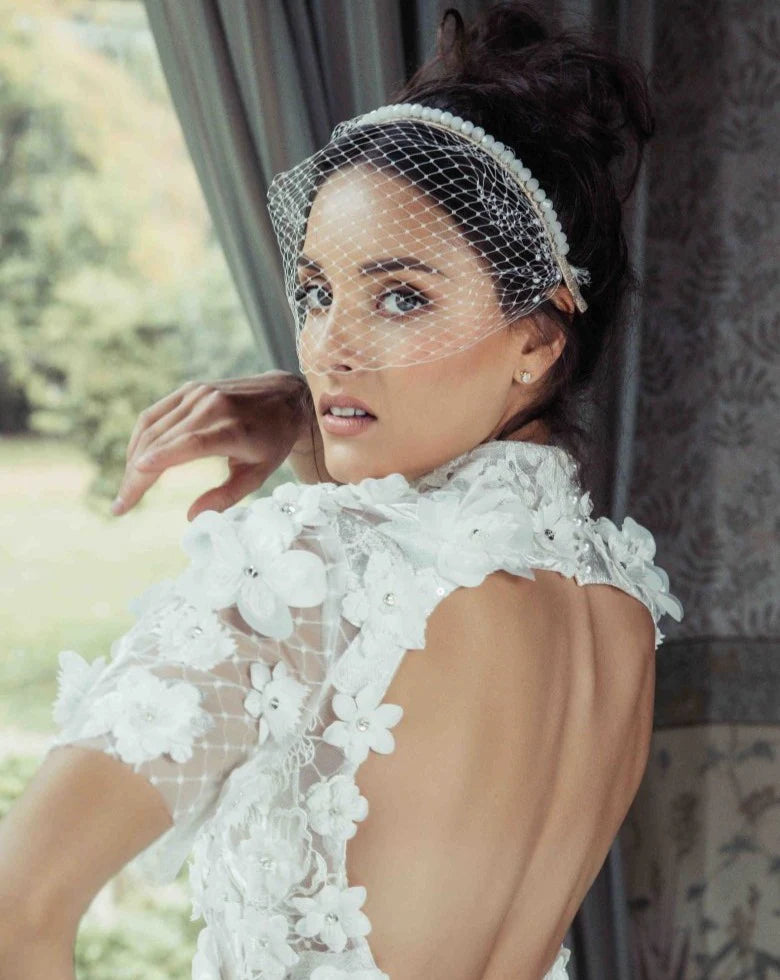 A'el Este - Krista Veil - Bridal Birdcage Veil with Pearl Combs - White