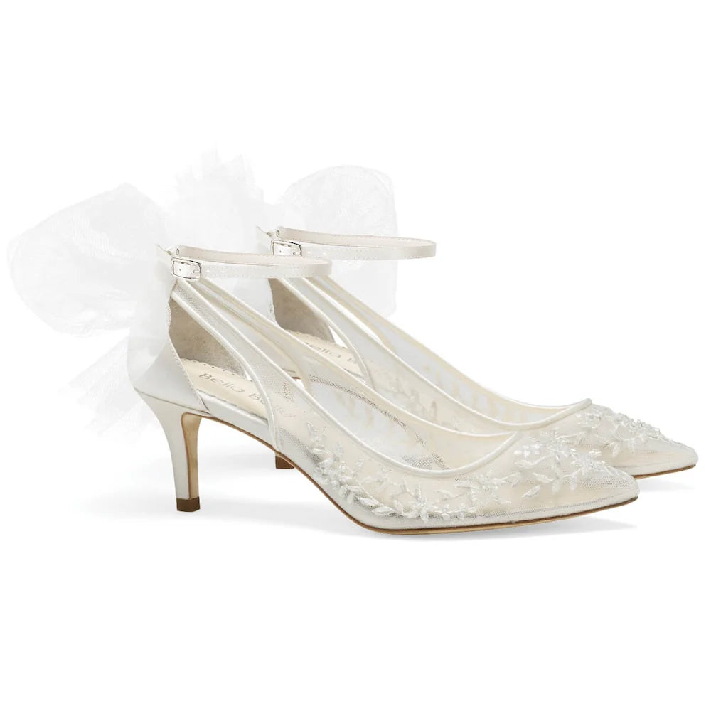 Esther - Floral and Tulle Bow Kitten Heel