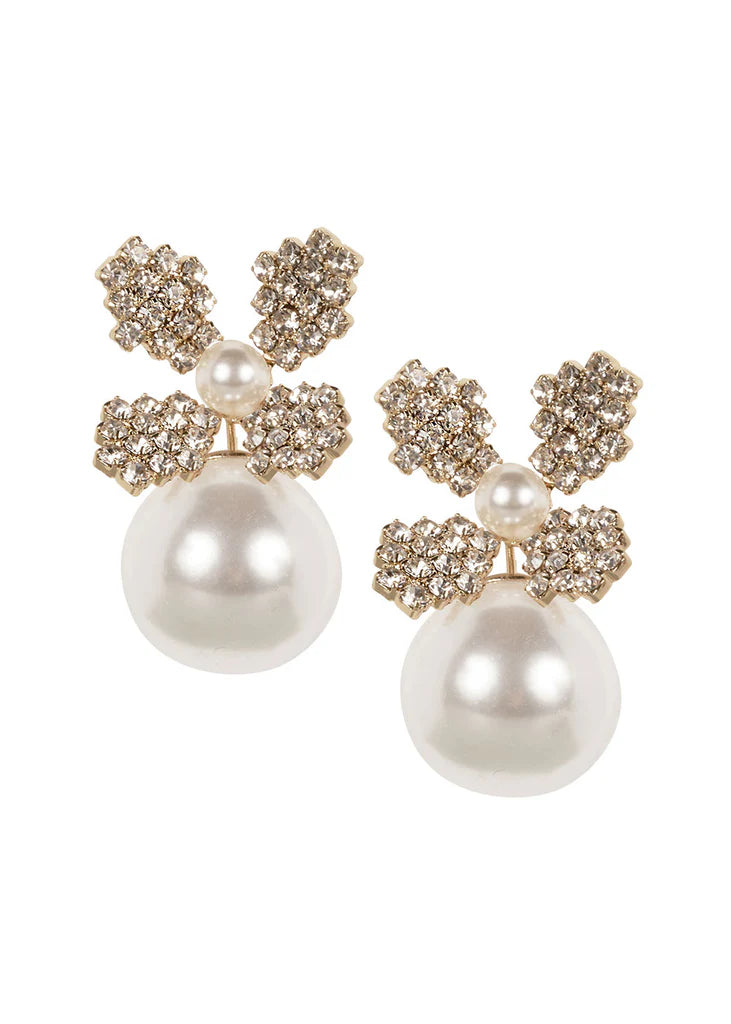 Elizabeth Bower - June Duet Pearl & Crystal Stud - Rhodium Silver