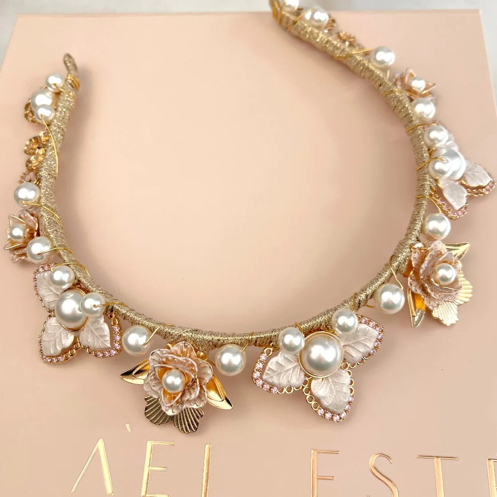 A'el Este - Sophia & Mia - Bridal Pearl & Crystal Headpiece Set- Gold
