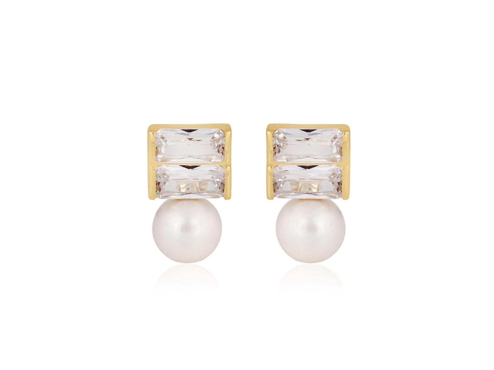 Lola Knight - Luna - Pearl & Baguette Crystal Earrings - 18 CT Gold