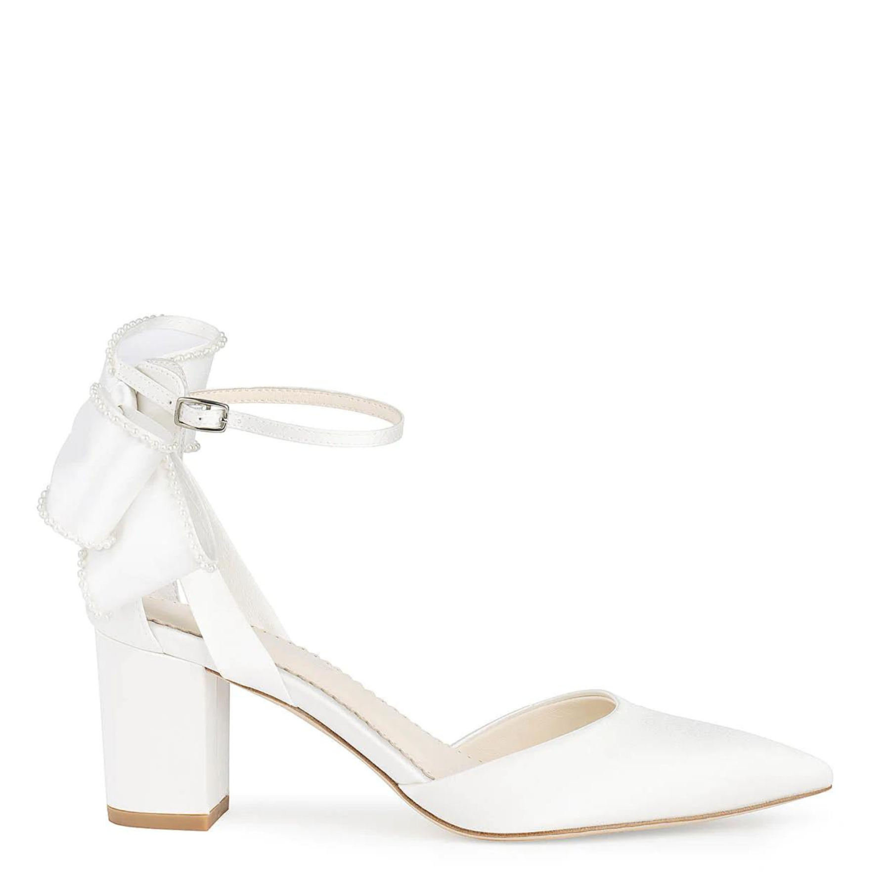 Molly - Ivory Pearl Block Wedding Heels with Ankle Strap Bow